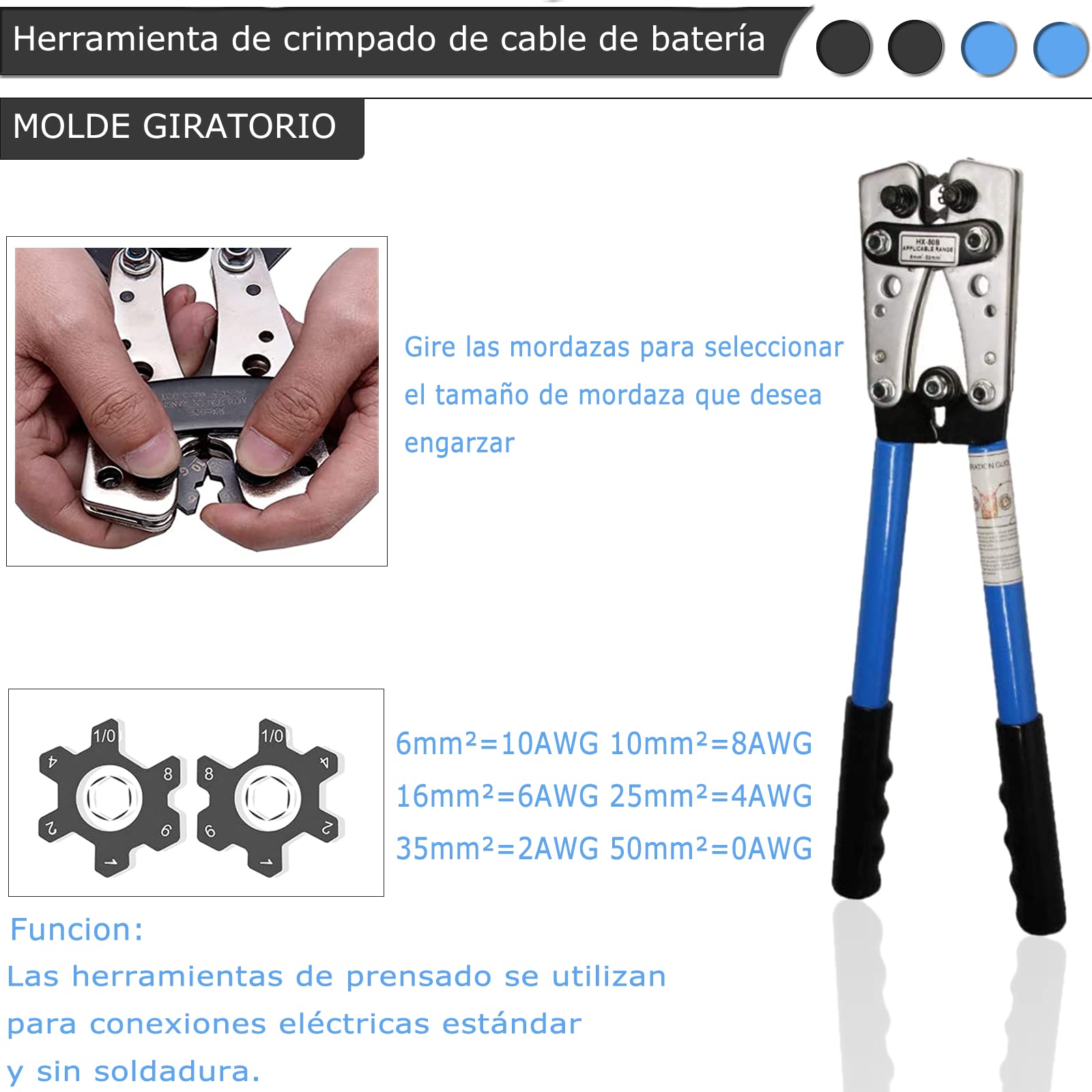 Herramienta de crimpado de cable de bateria, Crimpadora de Cable de Bateria con Cortador de Cables, Herramienta de crimpado para terminales de alambre resistentes de 8, 6, 4, 2, 1, 1/0 AWG