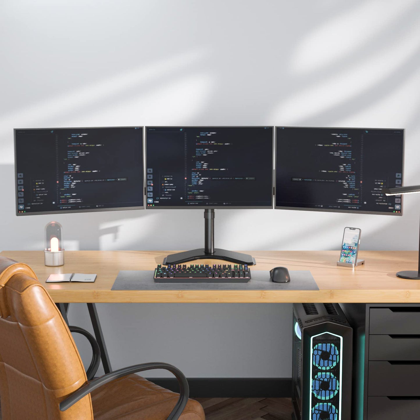 Soporte para Monitor Triple WALI Negro con Inclinación y Rotación para Escritorio