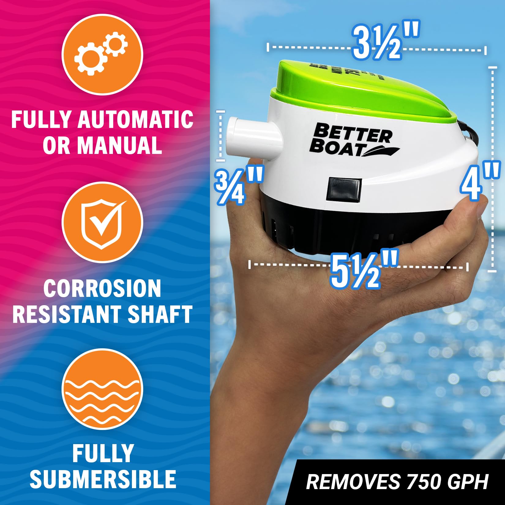 Better Boat Bomba de sentina automática, bomba sumergible de 12 V de 750 GPH con interruptor de flotador integrado, toma de 3/4 pulgadas, compatible con botes de bajo, Jon Boats y más