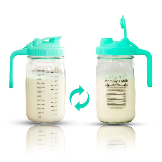 Lands of Faith Jarra de leche materna para leche materna de vidrio de 32 onzas a prueba de fugas con tapa abatible con mango de boquilla para verter leche materna para nevera