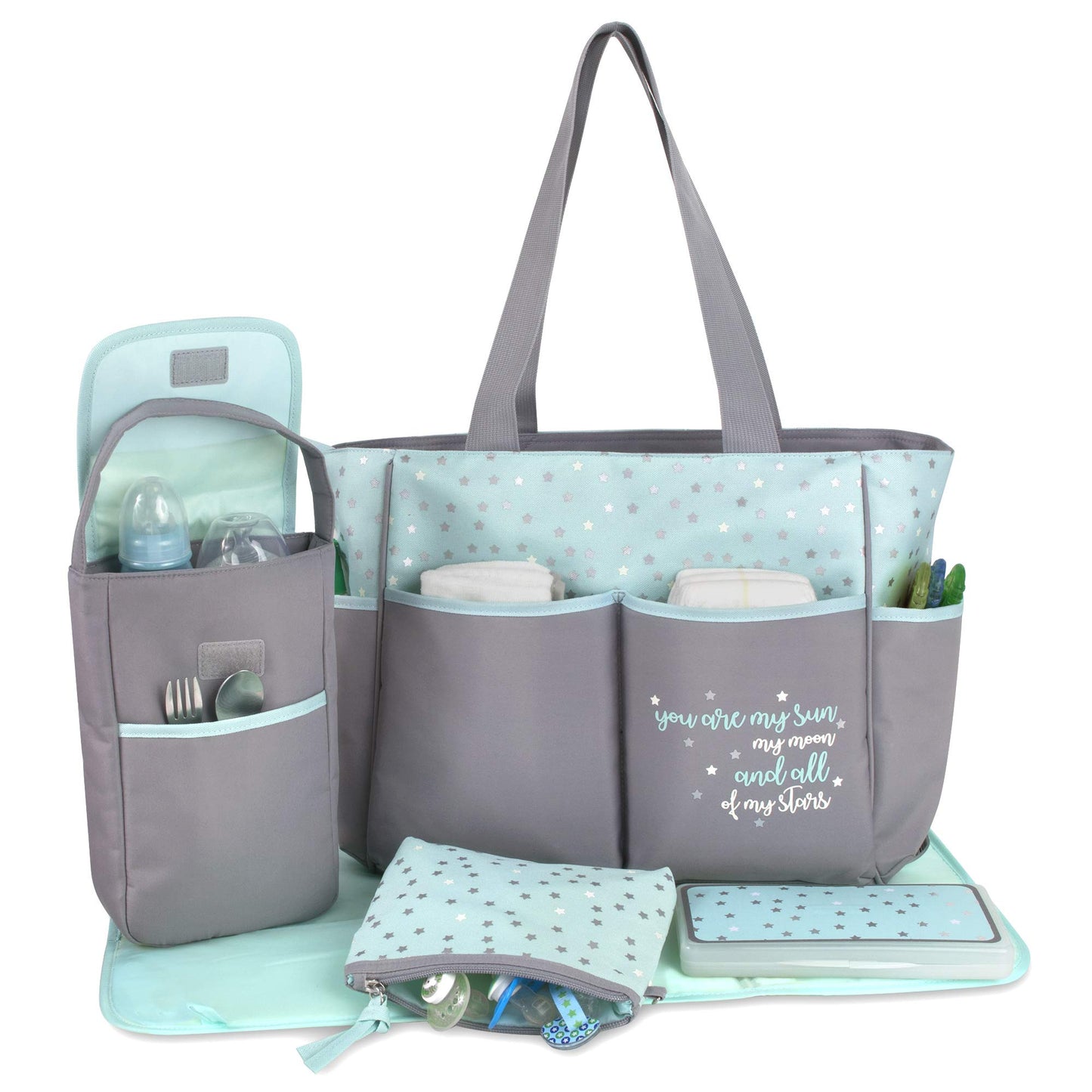 Pañalera de 5 piezas con sol, luna y estrellas, bolsillo para pañales, bolsa para pañales sucios, cambiador