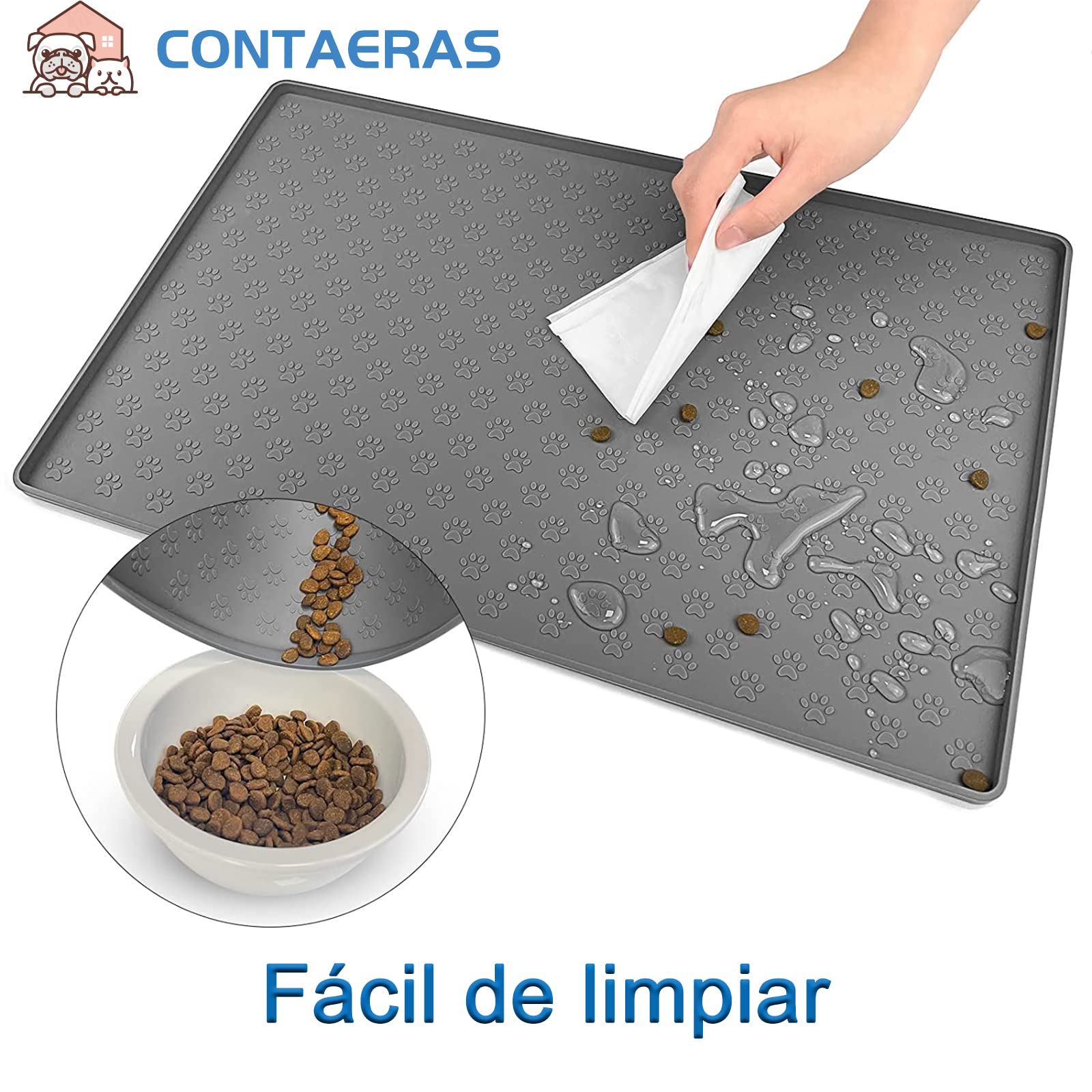 Tapete de Silicona CONTAERAS Gris Antidesbordamiento para Mascotas Pequeñas, Medianas y Grandes