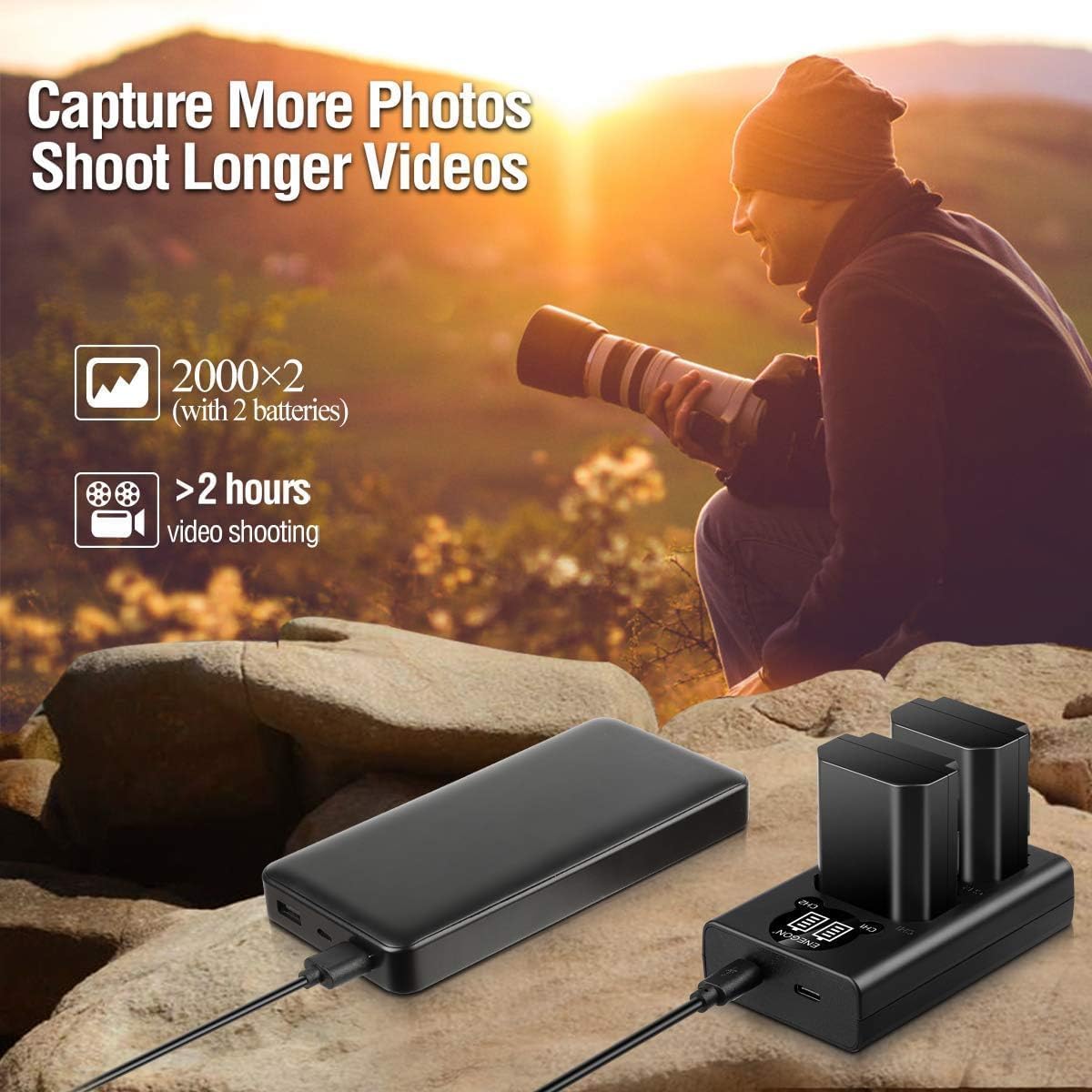 Batería de Repuesto ENEGON Negro Paquete de 2 con Cargador Dual USB para Sony NP-FZ100 y Alpha Serie A9/A7R/A6600
