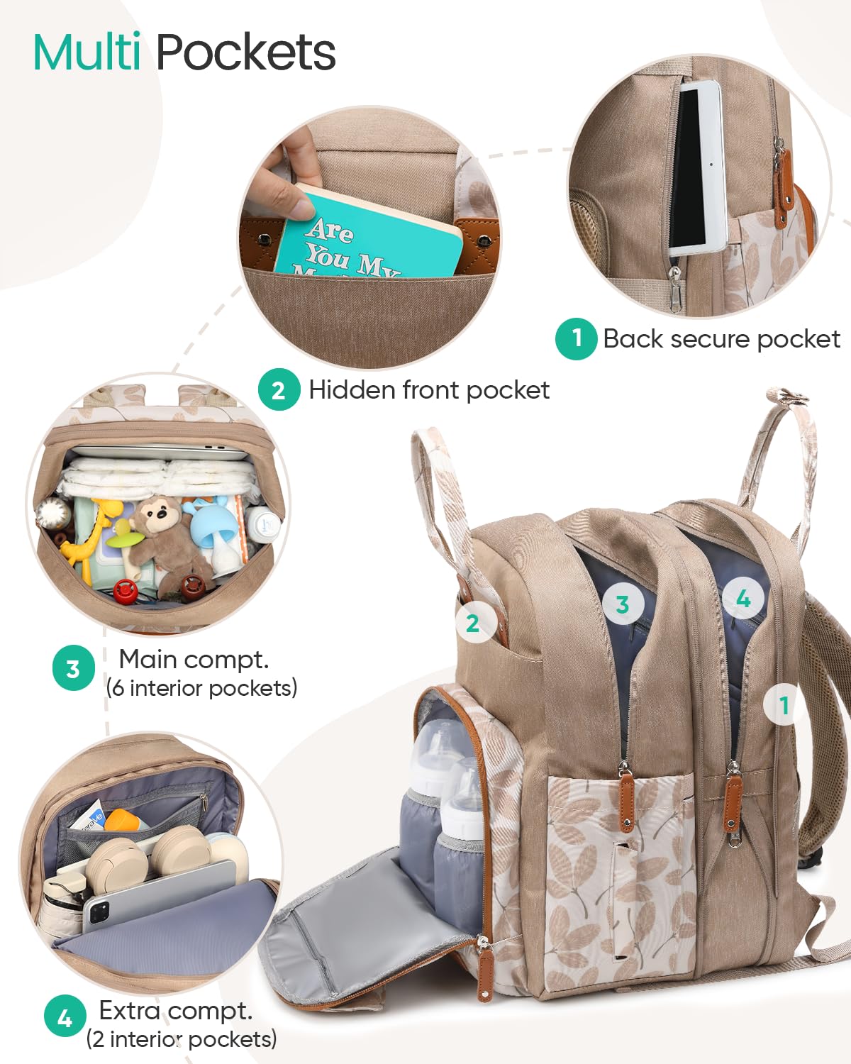 Qualyphant Mochila para pañales extragrande para dos niños, expandible, de 35 l, para mamá, niña, niño, papá, niño pequeño, bolsa grande para pañales de viaje, 21 bolsillos (4 aisl Hoja de color caqu