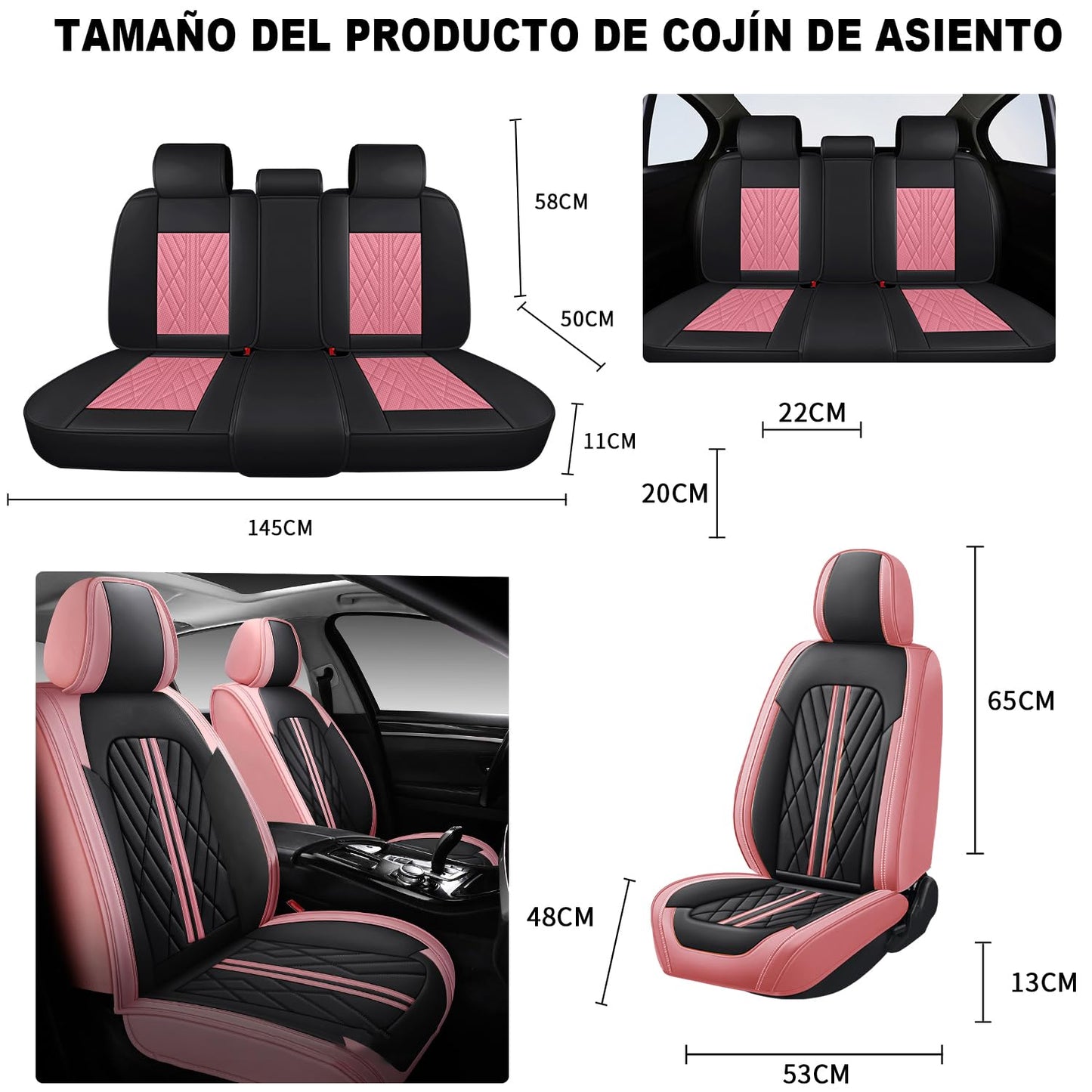 OFFCEI Fundas para Asientos de Cuero Impermeable y Lavable, Universal para Coches Medianos/Pequeños de 5 Plazas/SUV (Negro y Rosa)