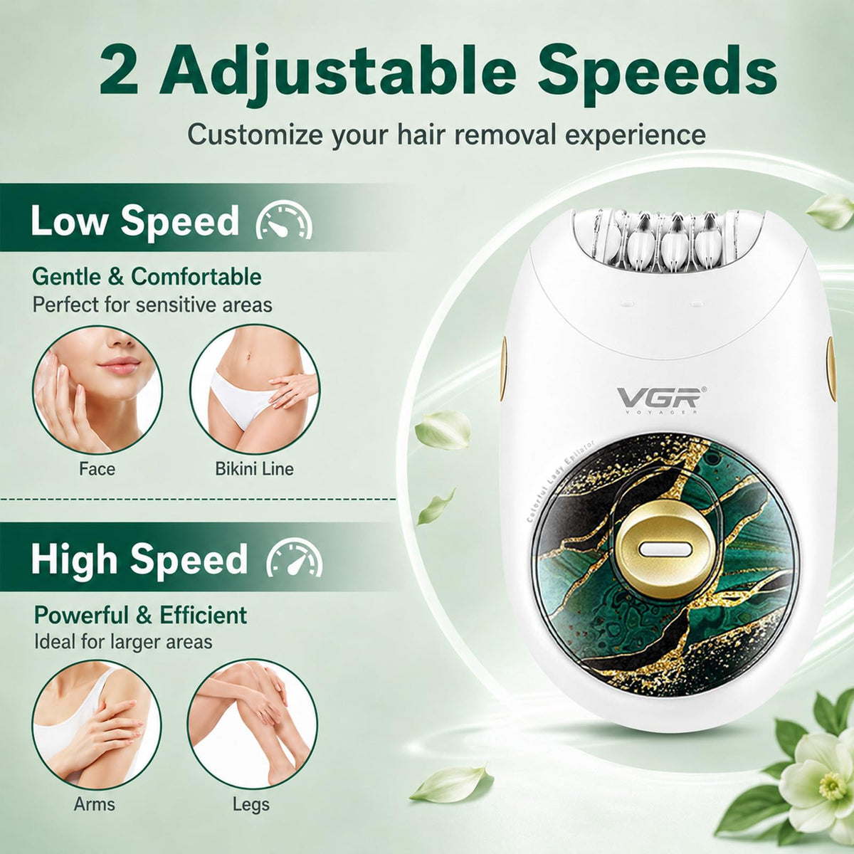 VGR706 Depiladora profesional para mujeres, dispositivo portátil inalámbrico de depilación mejorado, funcionamiento suave, diseño silencioso, sistema de 18 pinzas, depiladora recargable de cuerpo (verde)
