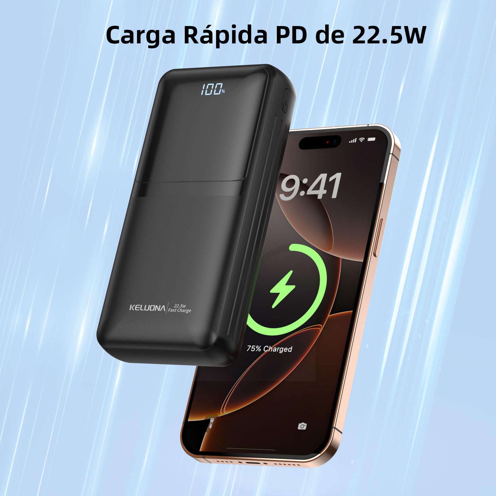 KELUONA Power Bank 20000mAh, Batería Portátil con Carga Rápida PD/QC 22.5W, 2 Puertos USB-C, Compatible con iPhone Samsung Xiaomi Huawei, Negro