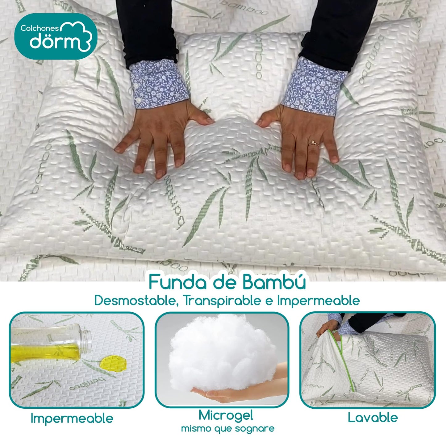 Colchones Dorm® 2 Almohadas de Bambu Transpirable de MicroGel | Cloud Pillow 2 Pack |Funda de Bambú | Firmeza: Media | Hipoalergénica, Certificaciones | 2 Piezas Tamaño Estándar (50cm x 70cm)