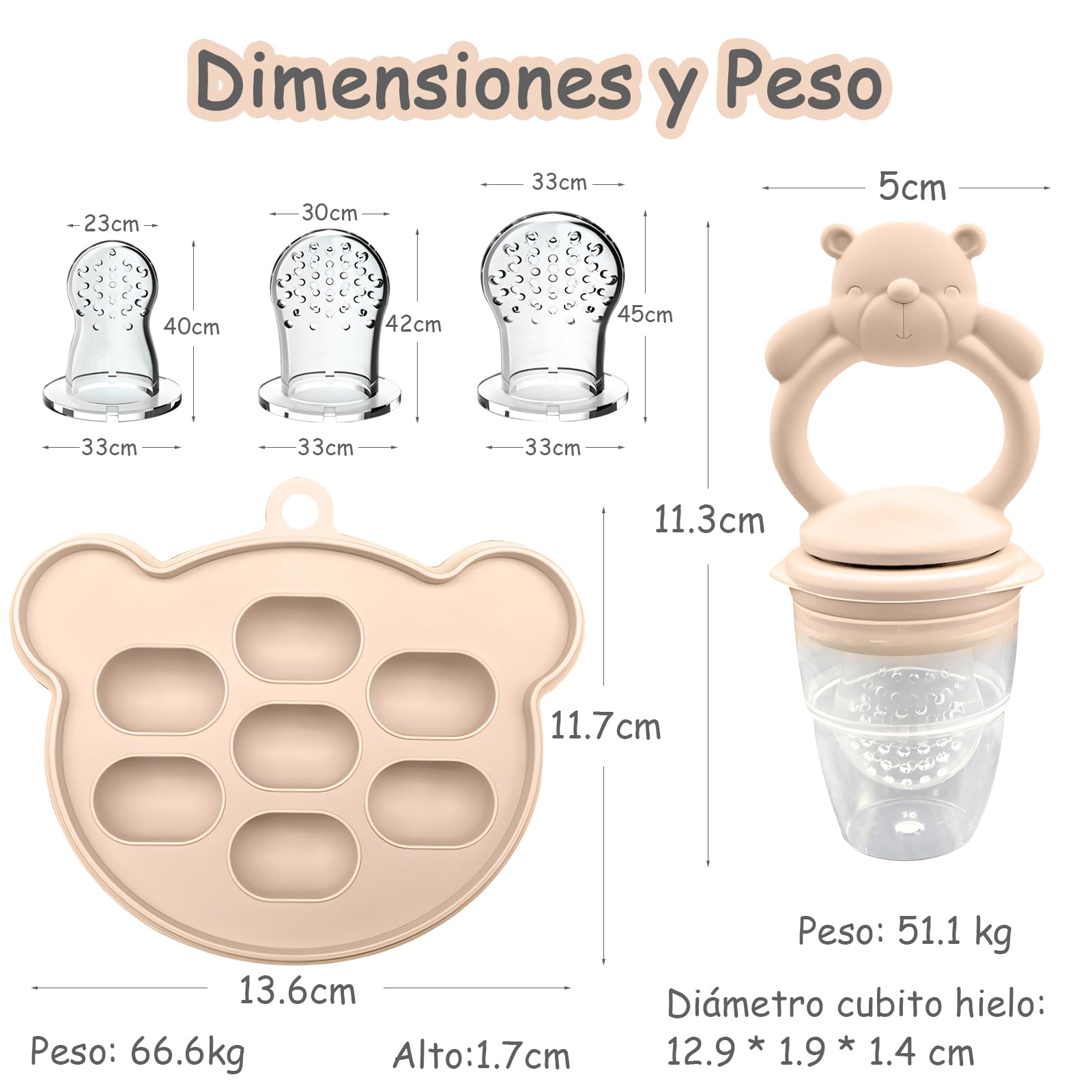 EHRHDKNS Bandeja Congeladora de Alimentos para Bebés Sin BPA, Adecuado para la Introducción Segura de Alimentos, Fruta y Papillas a Partir de los 4 Meses, Fortalece los Dientes del Bebé y le Ayuda a Comer Sano (Beige, Oso)
