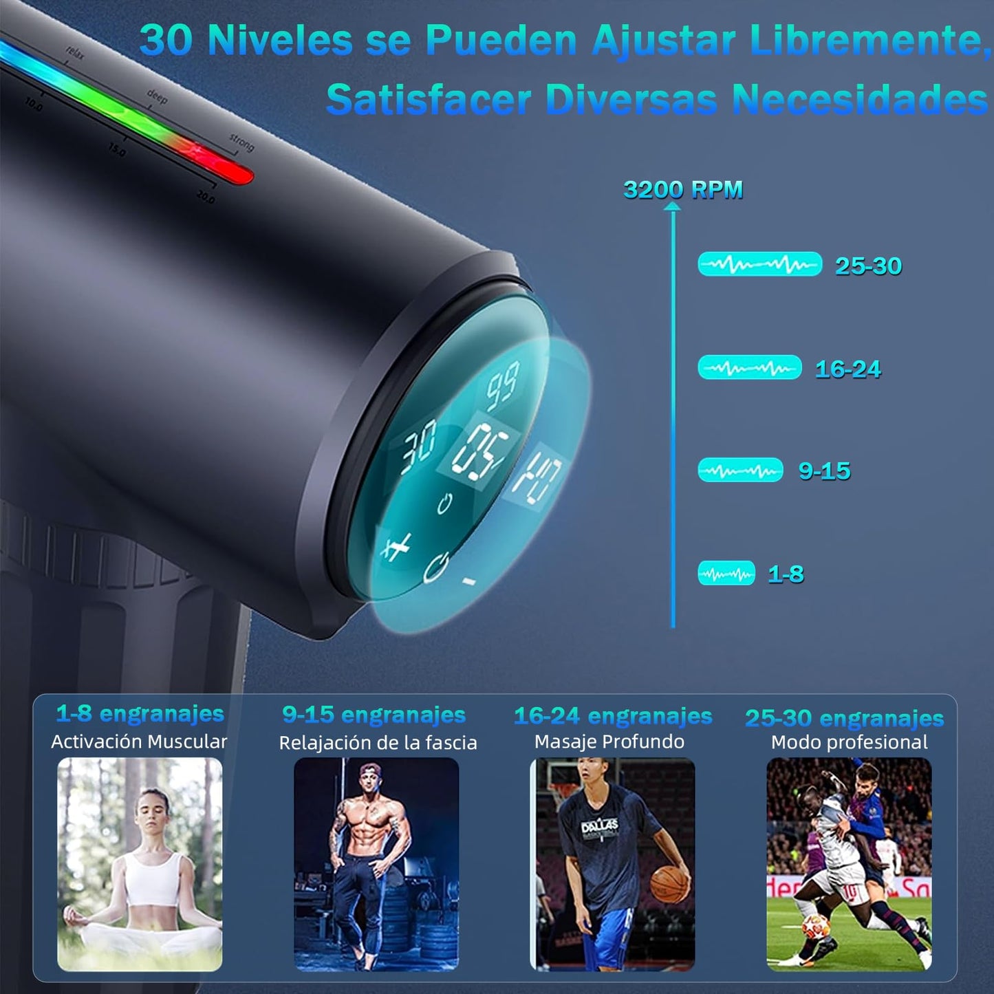 YUDSKU Pistola De Masajes,Pistola Masajeadora con 12 Cabezales y 30 Velocidades Ajustables,Masajeadores Eléctrico de Mano con Pantalla LED,Masajeador Muscular Ideal para Hombros,Cuello,Espalda