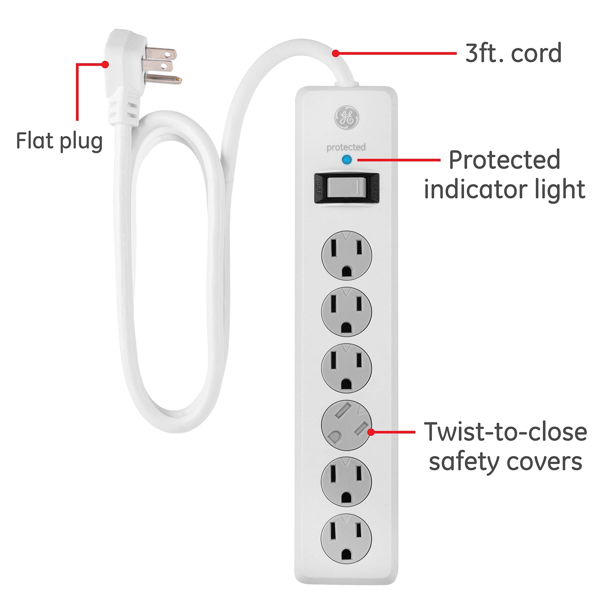 GE Tira Multicontactos De 6 Salidas con Supresor De Picos Y Enchufe Plano, Cable De Extensión De .90 Metros (3 Pies), 800 Julios, Cubiertas De Seguridad con Giro para Cerrar, Blanco,2 Unidades, 54629