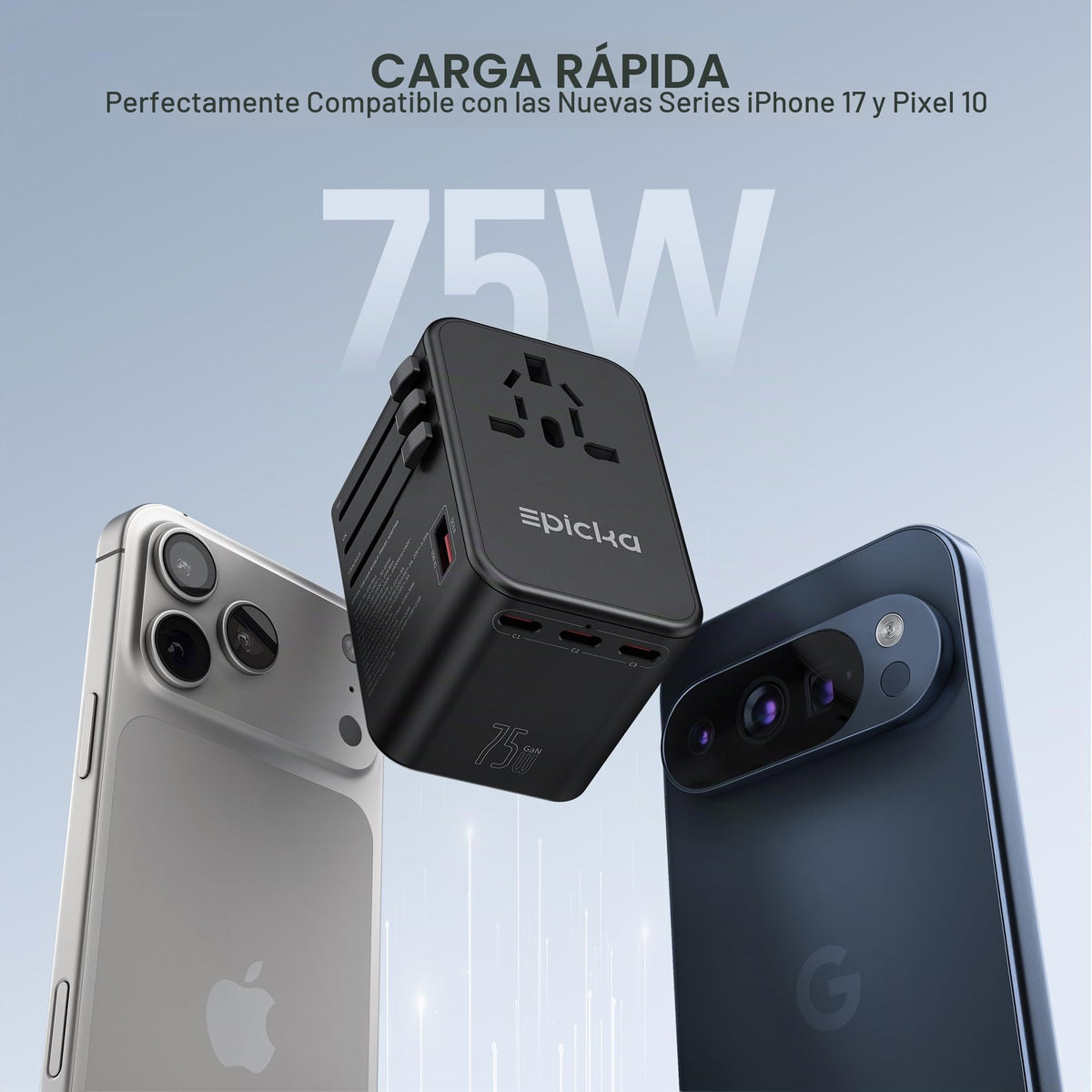 Adaptador de Viaje Universal EPICKA Negro con Carga Rápida 75W GaN y 3 Puertos USB-C