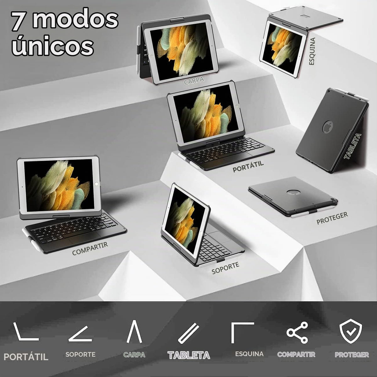 Funda con Teclado para iPad ZtotopCase Negro Giratoria 360° con Soporte para Lápiz