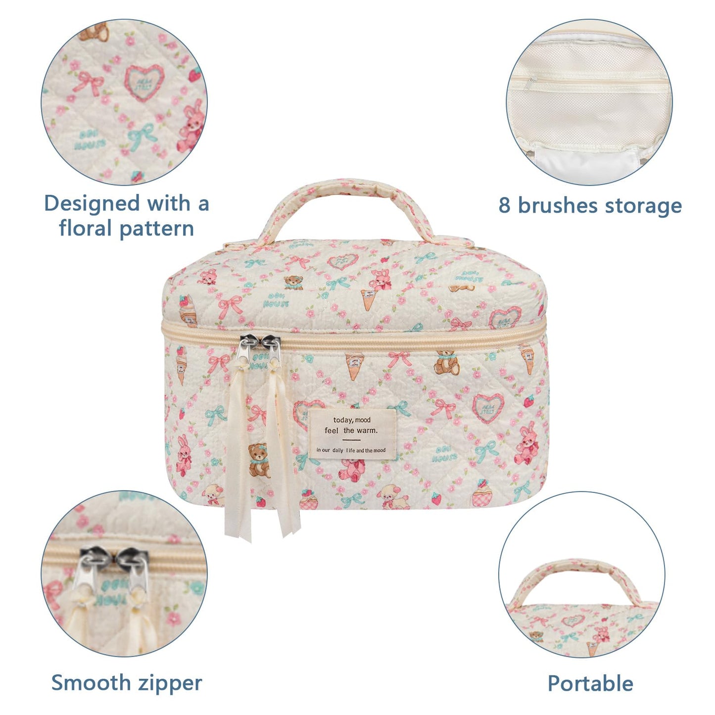 Bolsa de maquillaje grande, bonita bolsa de cosméticos para mujeres y niñas, bolsa de aseo estética de coqueta floral, bolsa organizadora de maquillaje de viaje, Oso de amor, Oso de amor