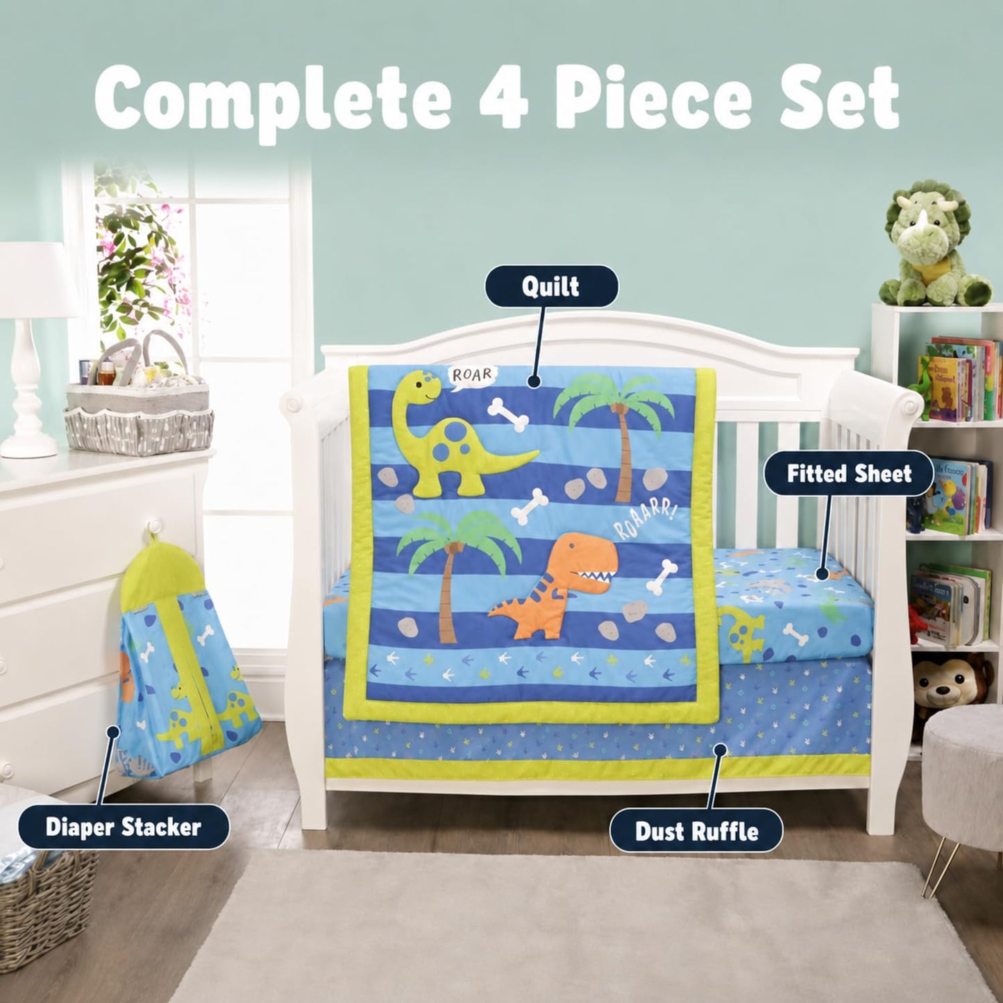 EVERYDAY KIDS Juego de cama para cuna de 4 piezas, dinosaurio, incluye edredón, sábana bajera, volantes y apilador de pañales, juego de ropa de cama para cuna de bebé