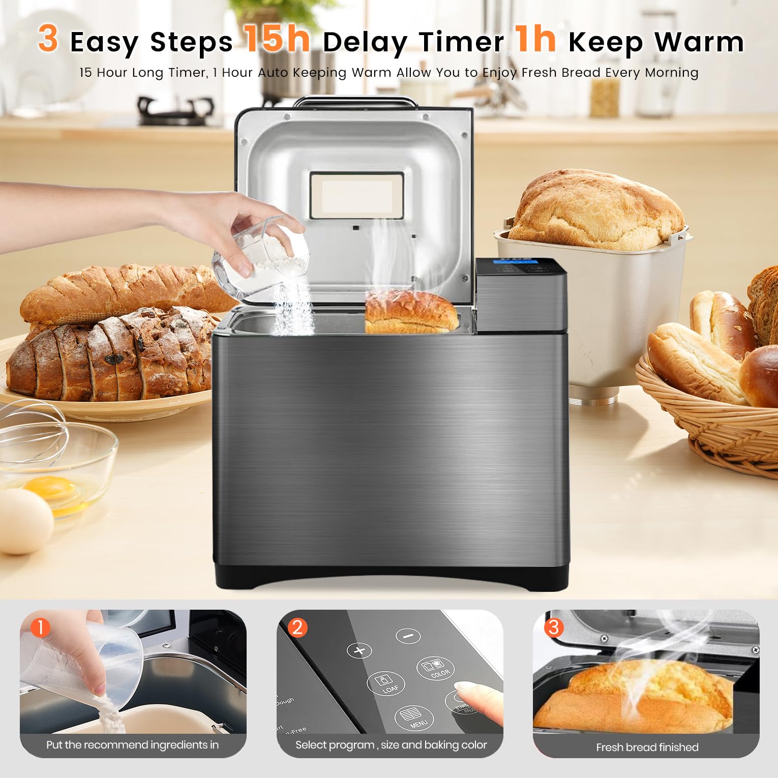 KBS 17 en 1 - Calentadores duales, máquina de acero inoxidable de 710 W sin gluten, máquina de masa, mermelada, yogur PROG, dispensador automático de nueces, bandeja de cerámica y panel táctil, 3