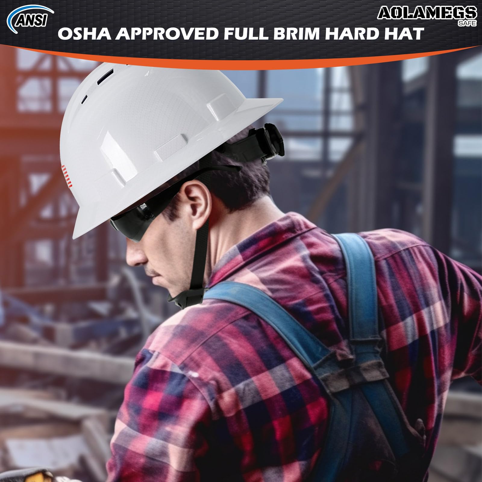 Casco de ala completa de fibra de carbono blanco brillante con gafas de seguridad y forro para hombres y mujeres, OSHA construcción, casco de seguridad con correa de barbilla y visera solar