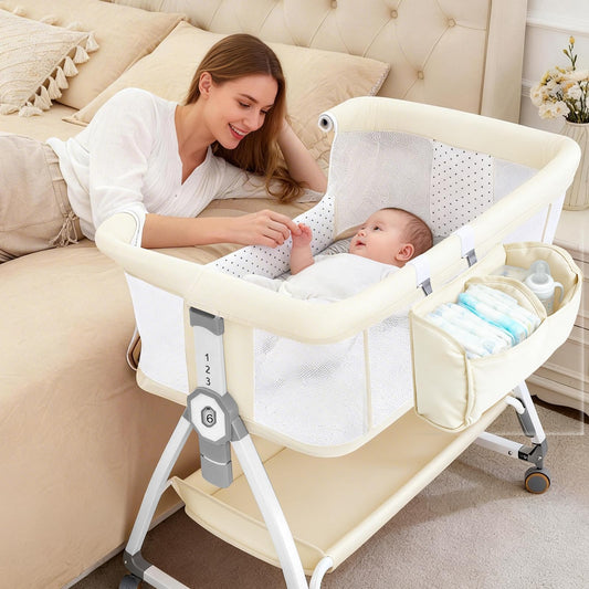 Leoavetole - Moisés de cama para bebé, cuna 4 en 1 con ruedas, cuna ajustable de 6 altura con malla transpirable para recién nacidos y bebés (beige profundo)