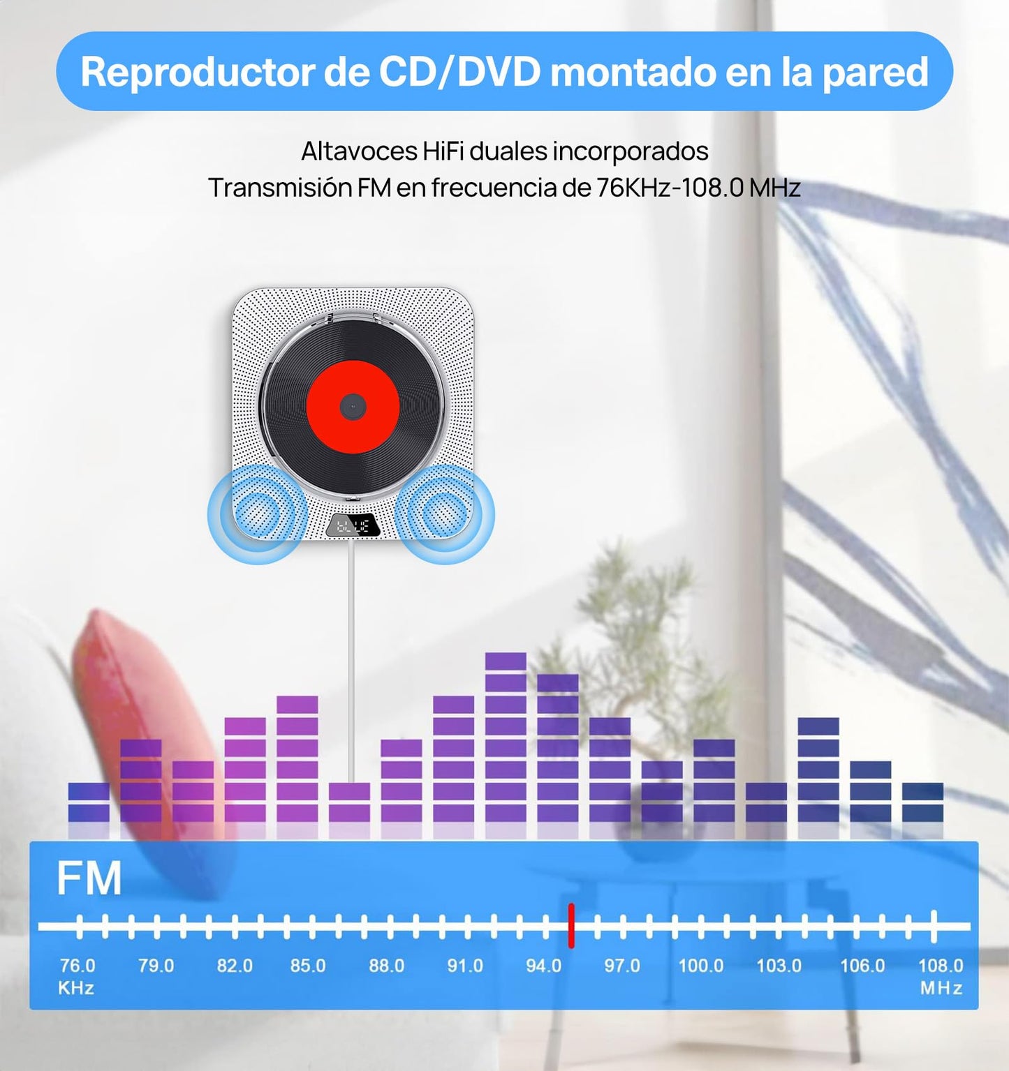ECYWE Reproductor de CD Portátil Bluetooth,CD Player Montaje en Pared con Control Remoto,Cubierta Contra el Polvo,Pantalla LCD,Altavoces HiFi Integrados,Radio FM,Soporte CD/MP3/USB/AUX, Entrada Salida