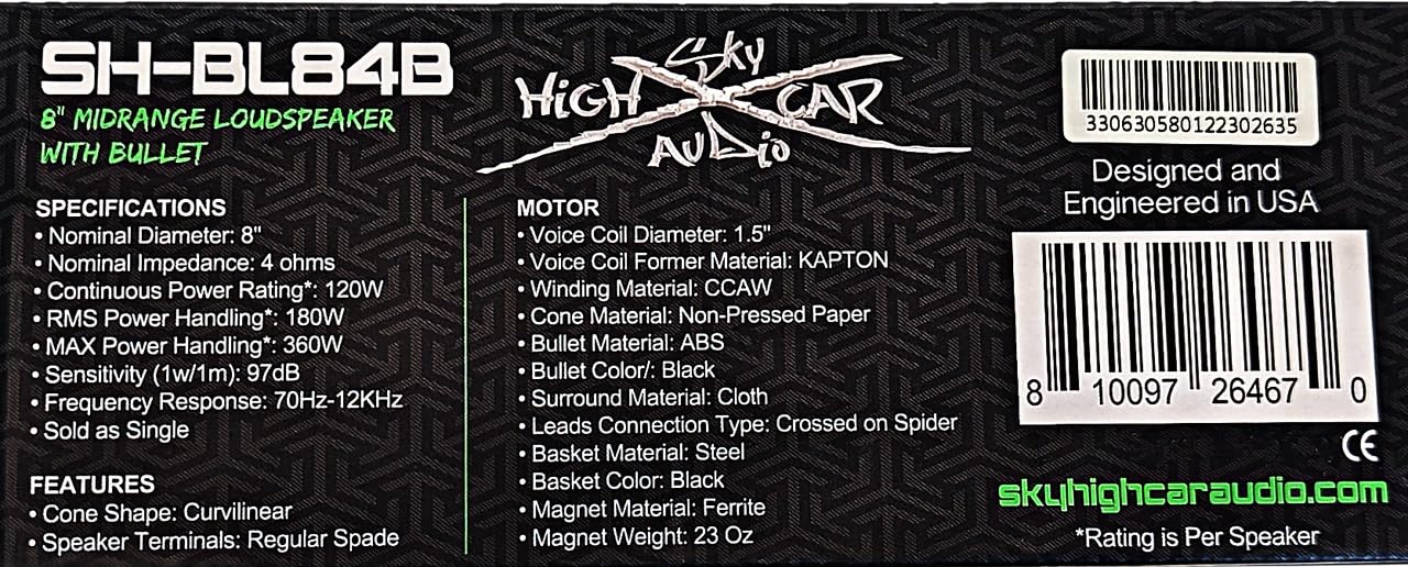 Sky High Car Audio SH-BL84B - Altavoz de rango medio (altavoz único)