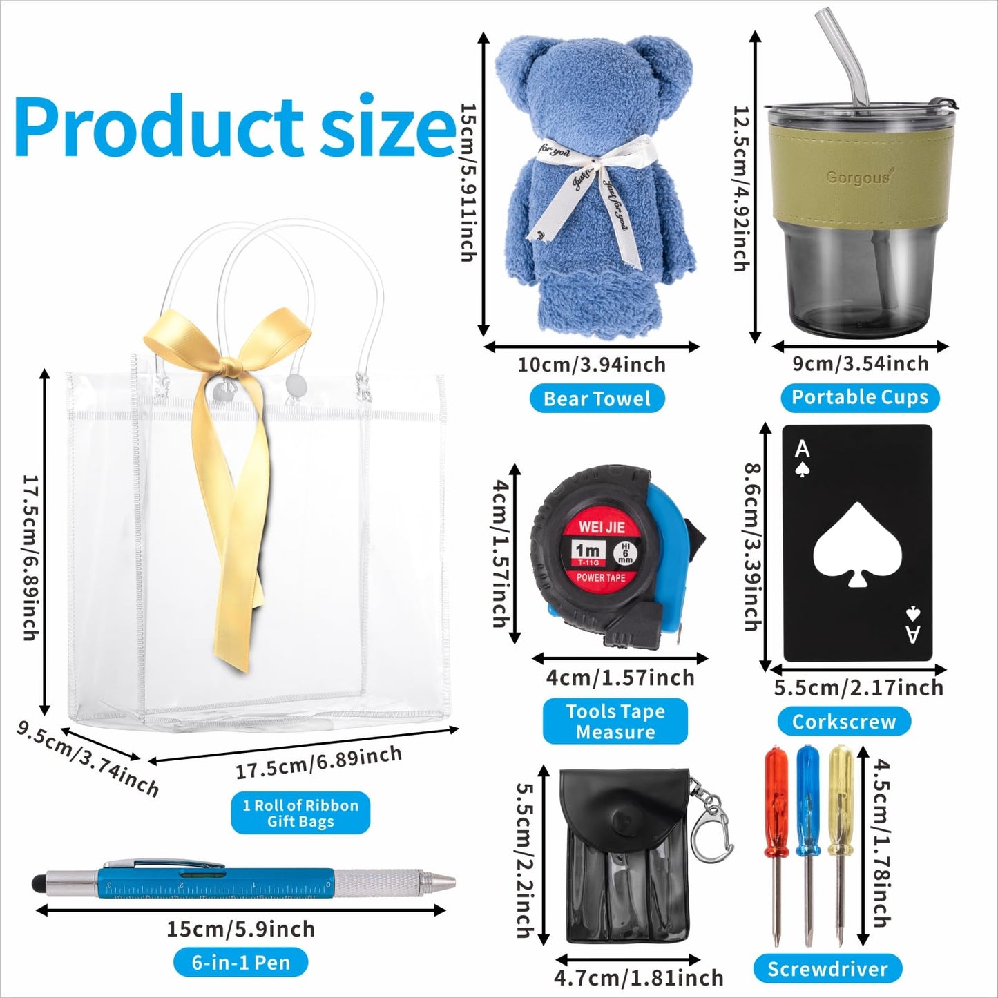 Buecobby - Juego de 6 premios para baby shower para hombres, con paño de limpieza de vasos de vidrio, mini destornillador, juego de llaveros, multiherramientas, divertidos premios útiles para
