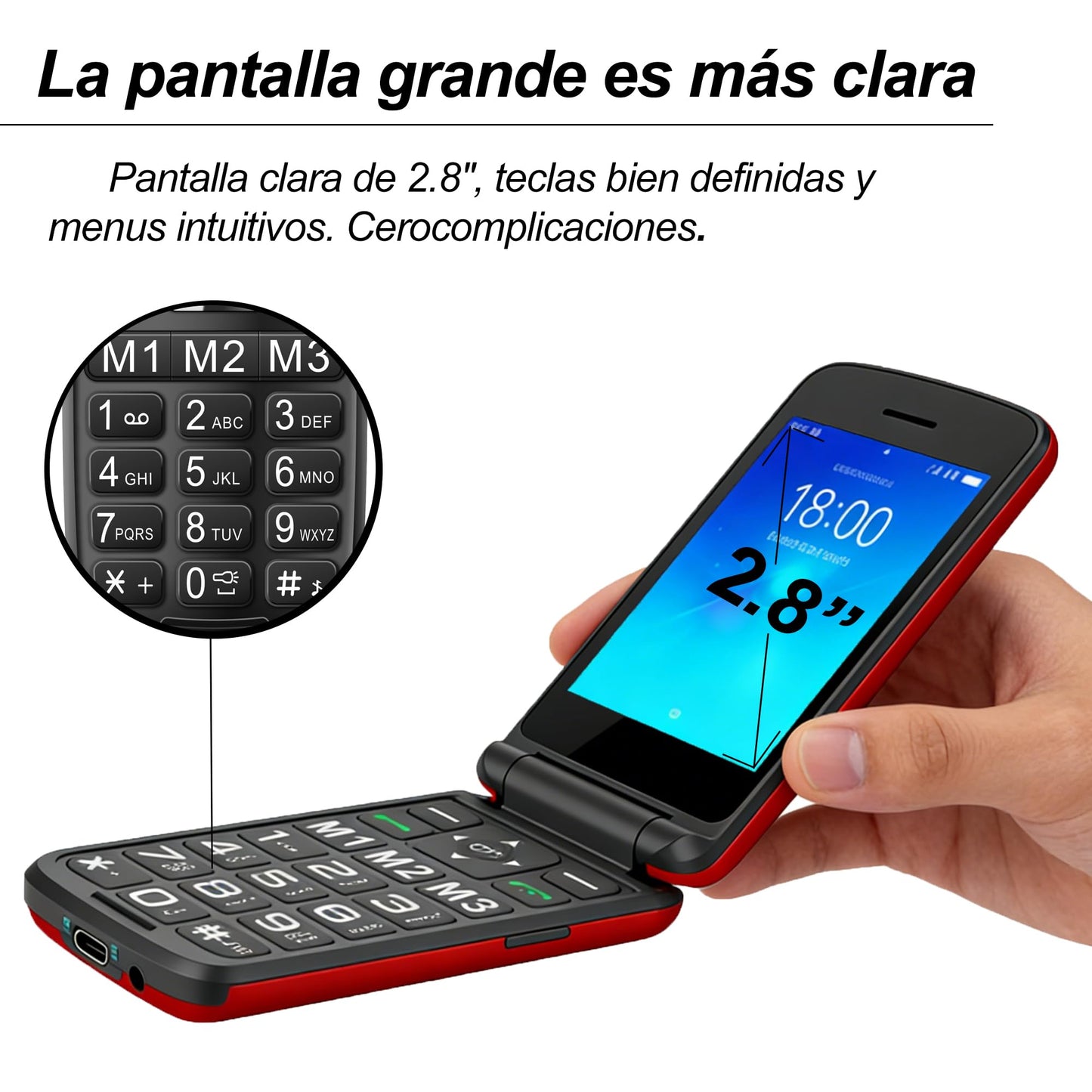 Qubo p210 Teléfono para Adultos Mayores 4G Desbloqueado | Pantalla 2.8” Grande | Teclas Grandes con Luz | Botón SOS | M1 M2 M3 | Plegable | Compatible con Chip 2G 3G 4G 5G