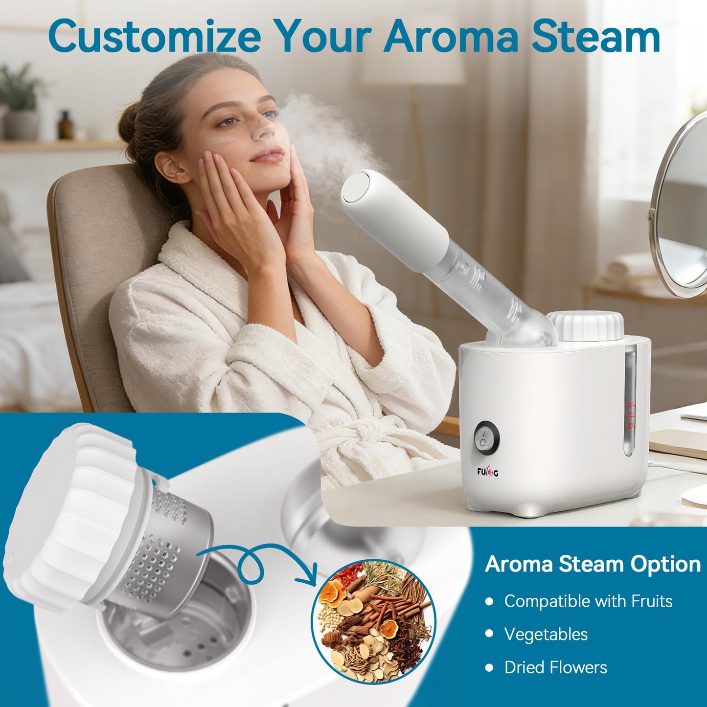FULOG Vaporizador facial Fulog Nano Iónico con brazo giratorio de 360°, vaporizador facial para esteticistas para limpieza profunda, máquina facial portátil para spa en casa.