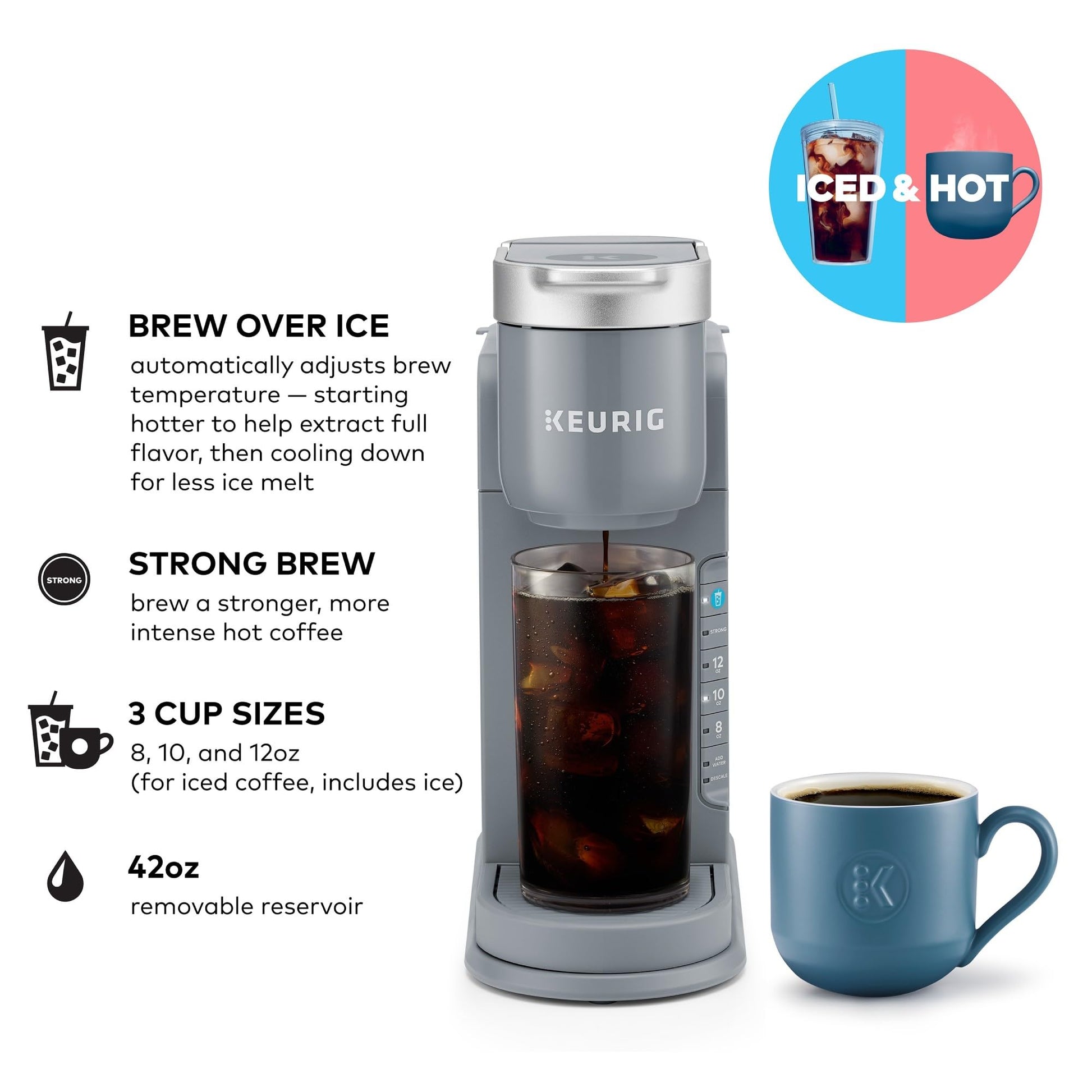 Keurig - Cafetera helada, cafetera helada K-Cup de una sola porción, con capacidad de café caliente y frío, prepara cualquier cápsula K-K-CP, gris
