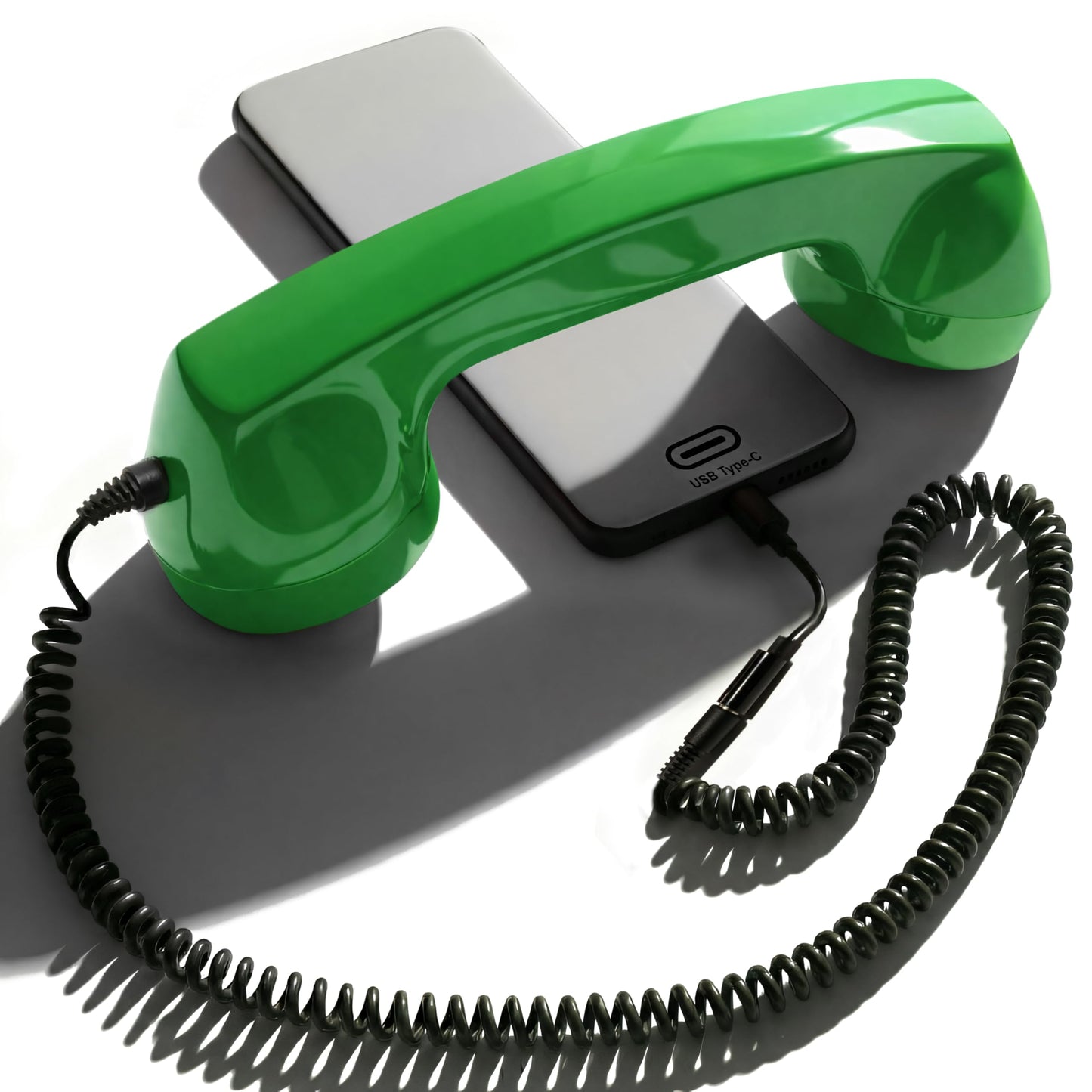 Opis Technology - Teléfono micro retro de los años 60 para teléfonos inteligentes, receptor con cable con enchufe de 3,5 mm y adaptador USB-C, para Android, tabletas y computadoras (verde)