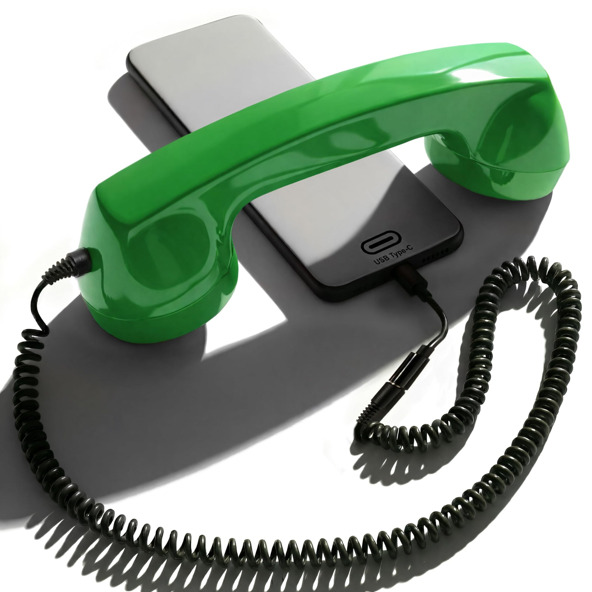 Opis Technology - Teléfono micro retro de los años 60 para teléfonos inteligentes, receptor con cable con enchufe de 3,5 mm y adaptador USB-C, para Android, tabletas y computadoras (verde)