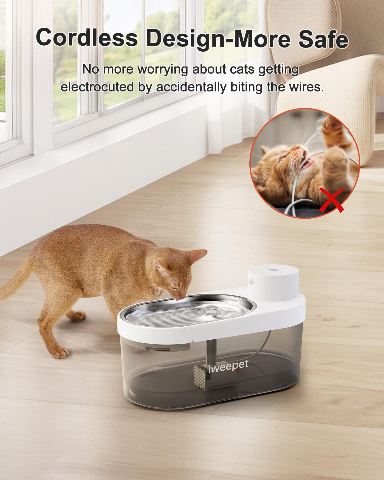 iweepet Fuente de agua para gatos inalámbrica y ultra silenciosa de acero inoxidable, fuente para mascotas que funciona con batería de 5000 AMH con 3 modos de flujo, fuente de agua de gran capacidad d
