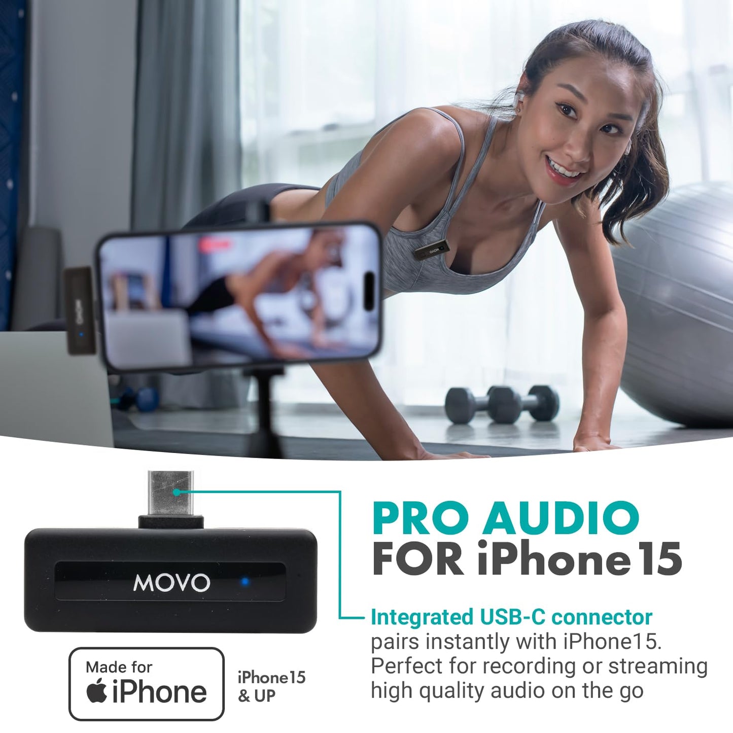 Micrófono Inalámbrico USB-C Movo Negro con Batería de 10 Horas y Alcance de 165 Pies Compatible con iPhone 15/16 Pro Max
