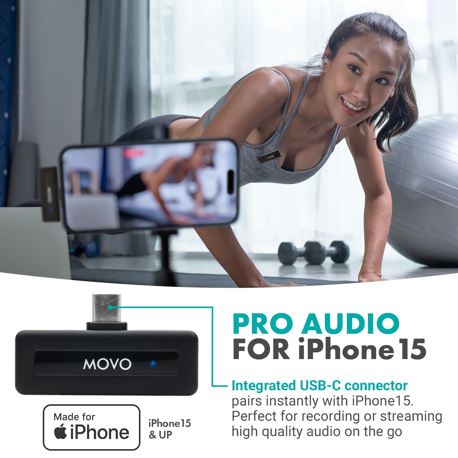 Micrófono Inalámbrico USB-C Movo Negro con Batería de 10 Horas y Alcance de 165 Pies Compatible con iPhone 15/16 Pro Max