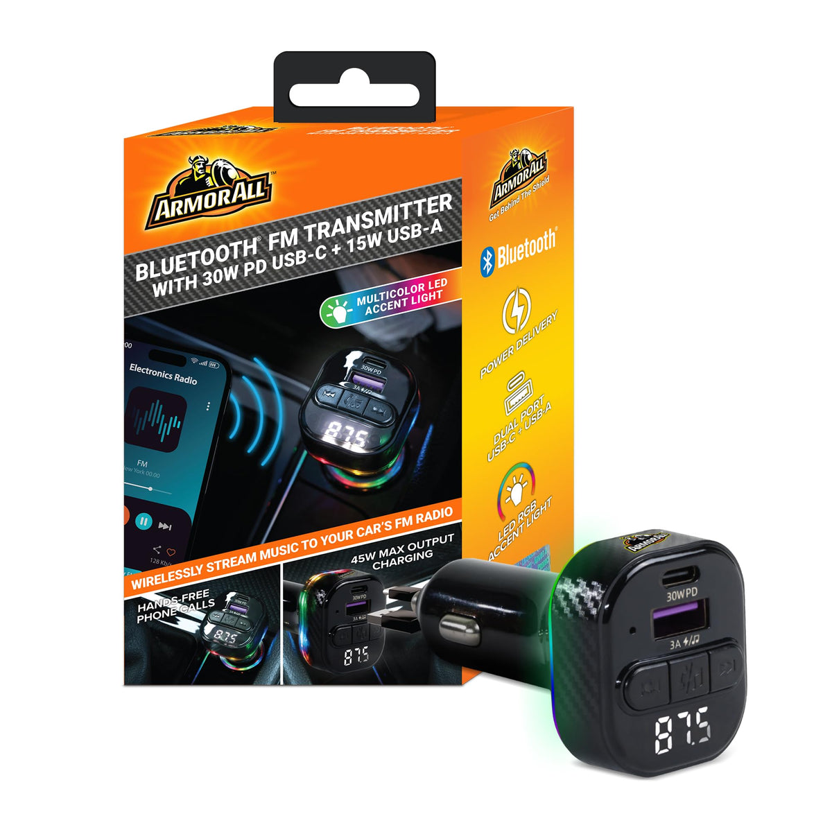 Transmisor FM Bluetooth Armor All Negro con Cargador Rápido USB para Llamadas Manos Libres