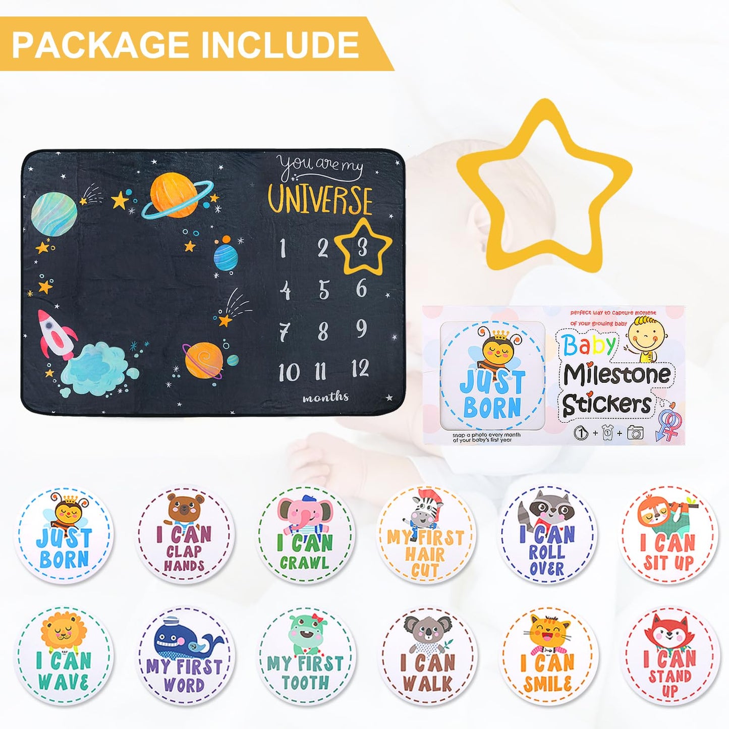 ComboJoy - Manta de hito para bebé para niño y niña, manta de hito mensual grande de 60 x 40 pulgadas, con 12 calcomanías de animales, rastreador de crecimiento personalizado con temática espacial
