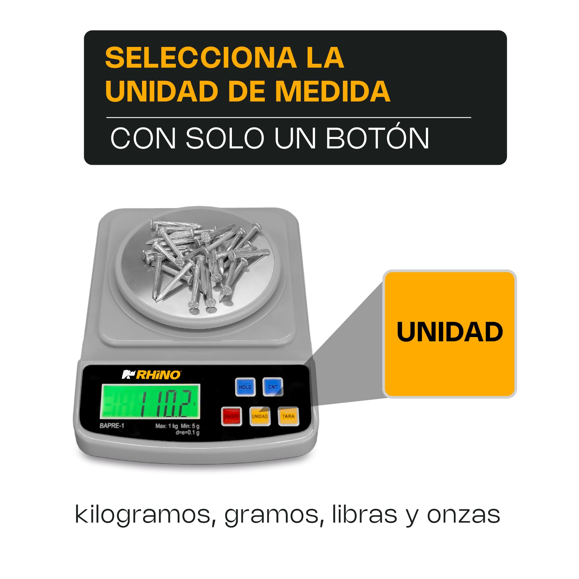 Báscula de Precisión RHINO Acero Inoxidable Diseño Compacto 1kg/0.1g con Función de Conteo y TARA