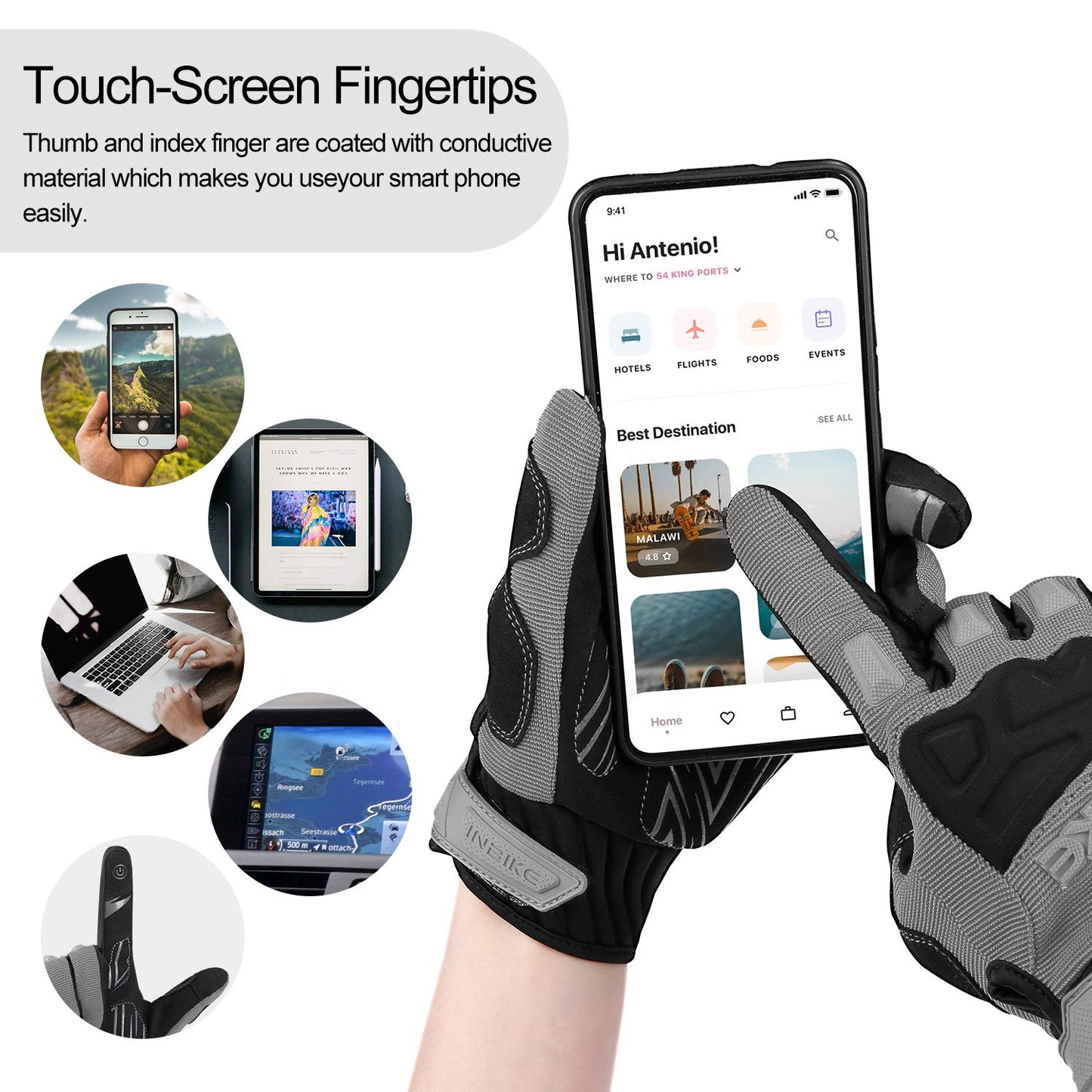 INBIKE - Guantes de bicicleta de montaña para hombre, gris, resistentes al desgaste, antideslizantes y resistentes a los golpes, acolchados, transpirables, con soporte de pantalla táctil