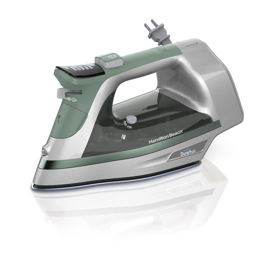 Hamilton Beach - Plancha de vapor y vapor vertical para ropa con suela Durathon resistente a los arañazos, selector de tela digital + cable retráctil de 8 pies, apagado automático de 3 vías,