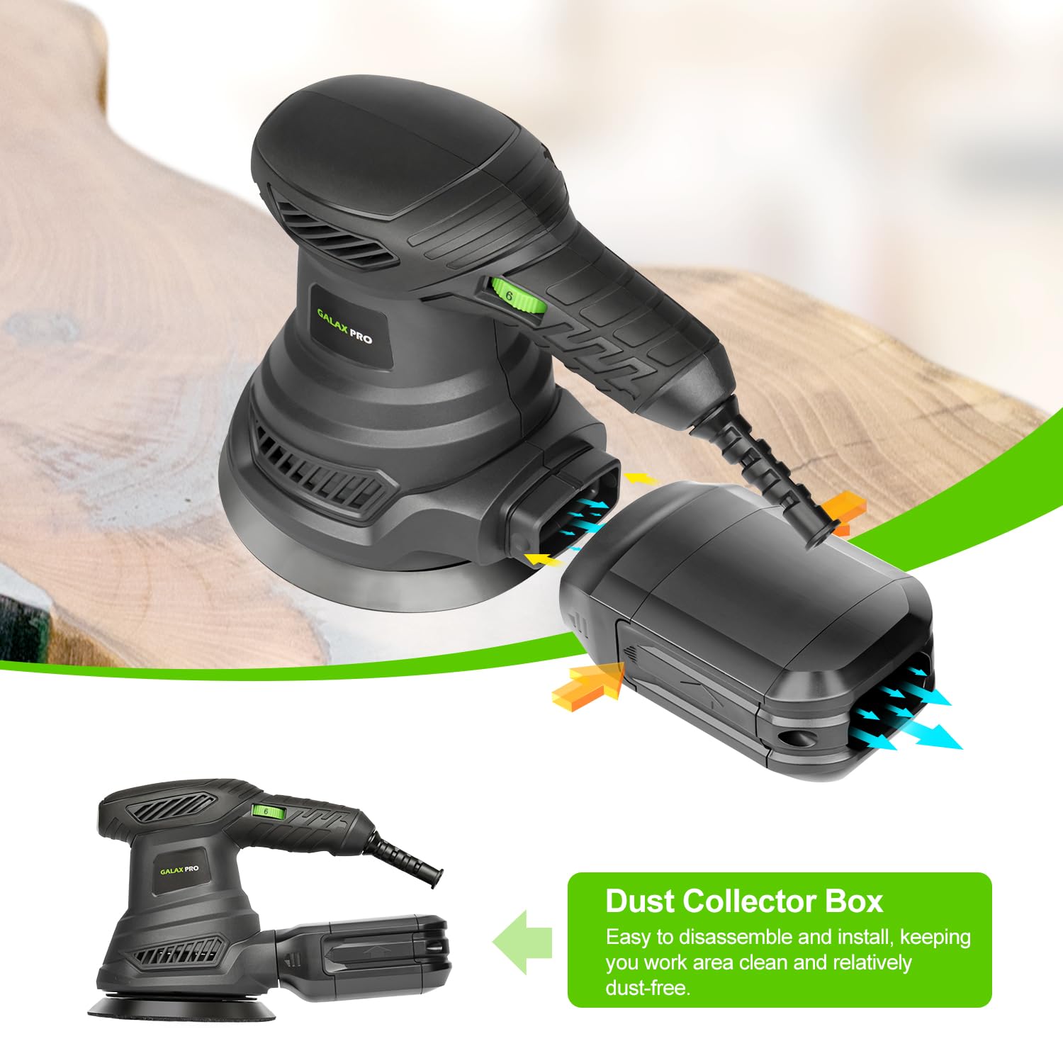 GALAX PRO - Lijadora orbital rotativa de 2.5 A, lijadora orbital eléctrica de 300 W con 6 velocidades diferentes de 6000 a 13000 RPM, 4.9 pulgadas con 20 papeles de lija, 1 bote de polvo, apto para