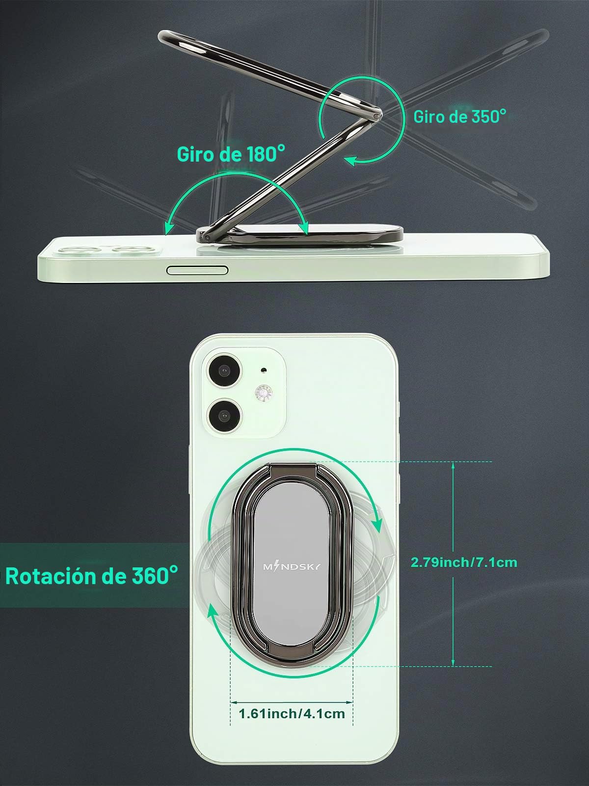 Soporte de Anillo para Teléfono Celular Compatible con iPhone iPad y Smartphones con Rotación de 360 Grados y Soporte Magnético Universal para Coche