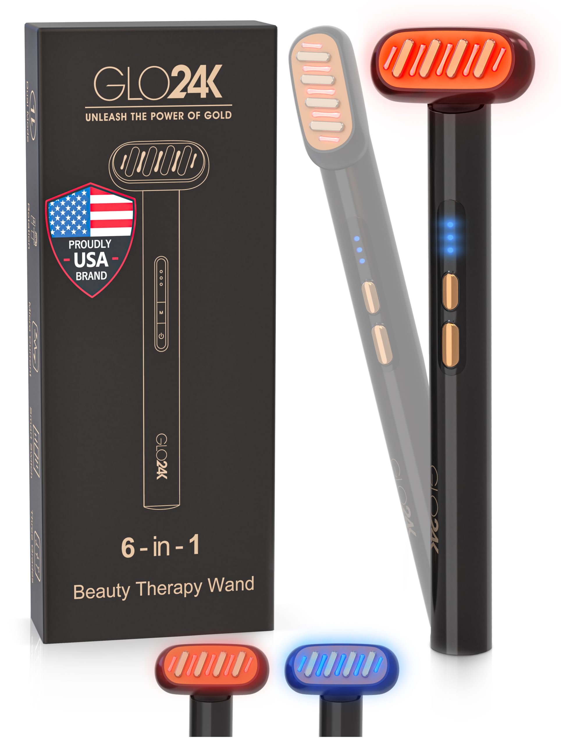 Varita de Terapia de Belleza GLO24K Dorada 6 en 1 con Luz LED, Térmica, Vibración y Microcorriente para Rostro, Ojos y Cuello