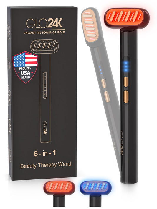 Varita de Terapia de Belleza GLO24K Dorada 6 en 1 con Luz LED, Térmica, Vibración y Microcorriente para Rostro, Ojos y Cuello