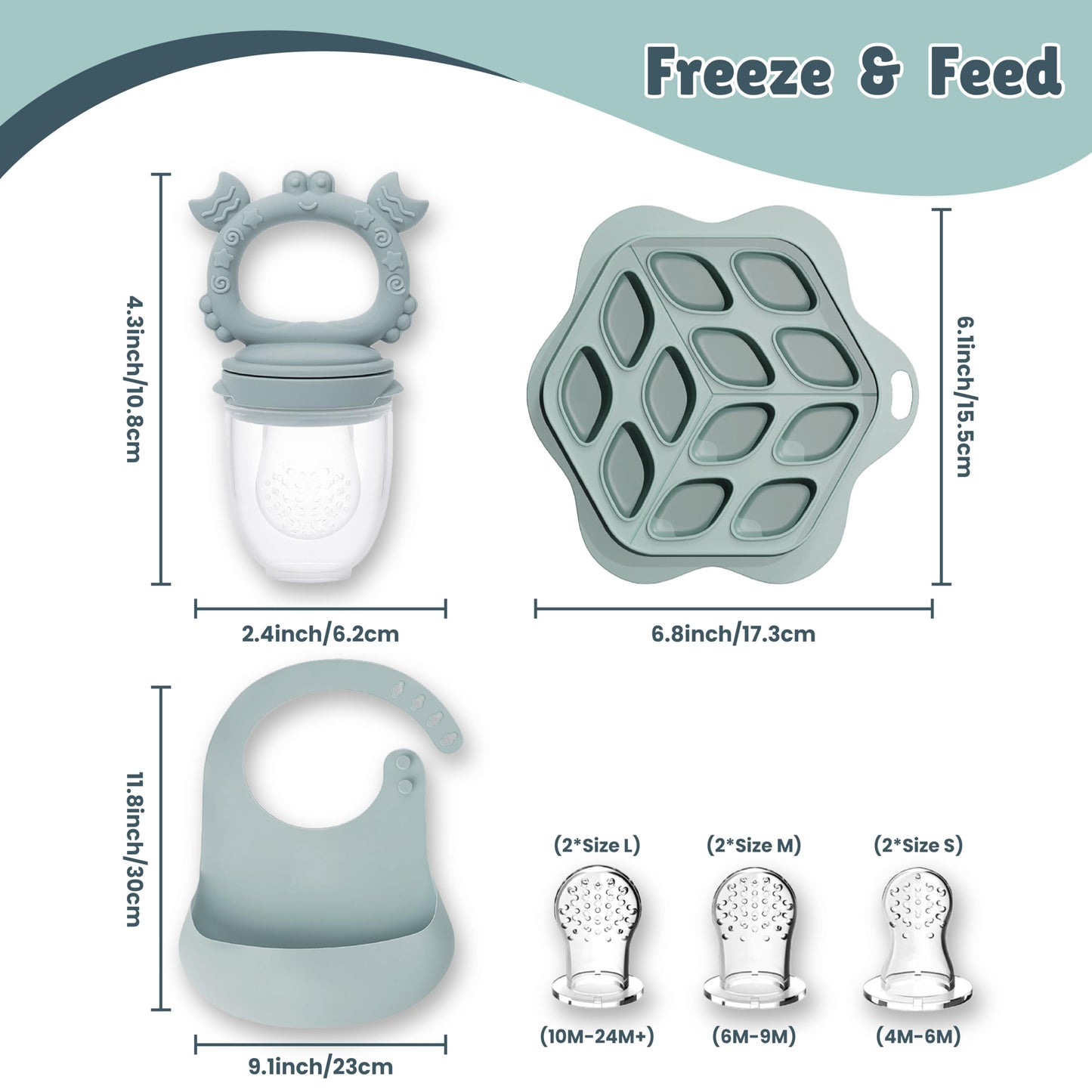 Comedero de frutas para bebé, babero y moldes de paletas de leche materna para alivio de la dentición, paquete de 3 unidades con bandeja y tapa de congelador multiporciones, babero ajustable