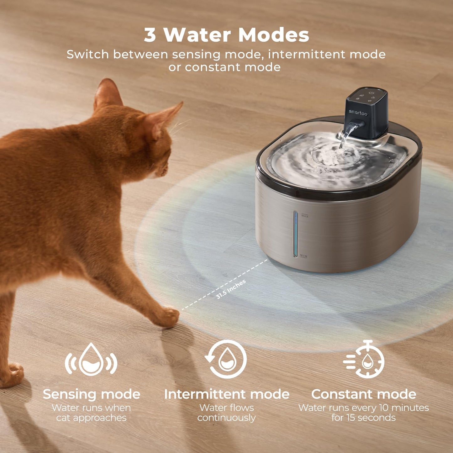 Fuente de Agua para Mascotas Samrtoo Acero Inoxidable con Sensor de Movimiento