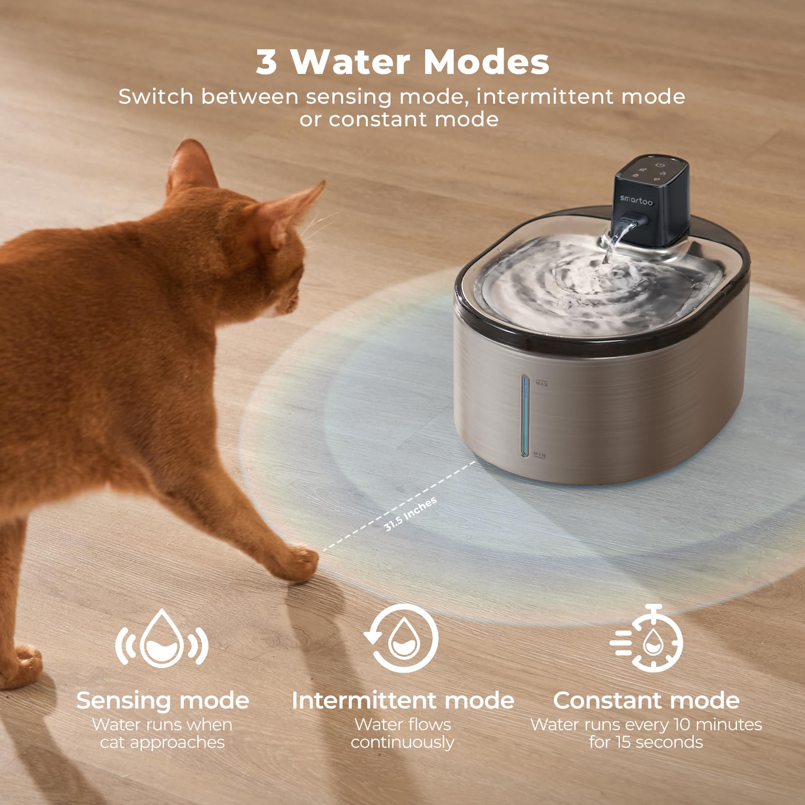 Fuente de Agua para Mascotas Samrtoo Acero Inoxidable con Sensor de Movimiento