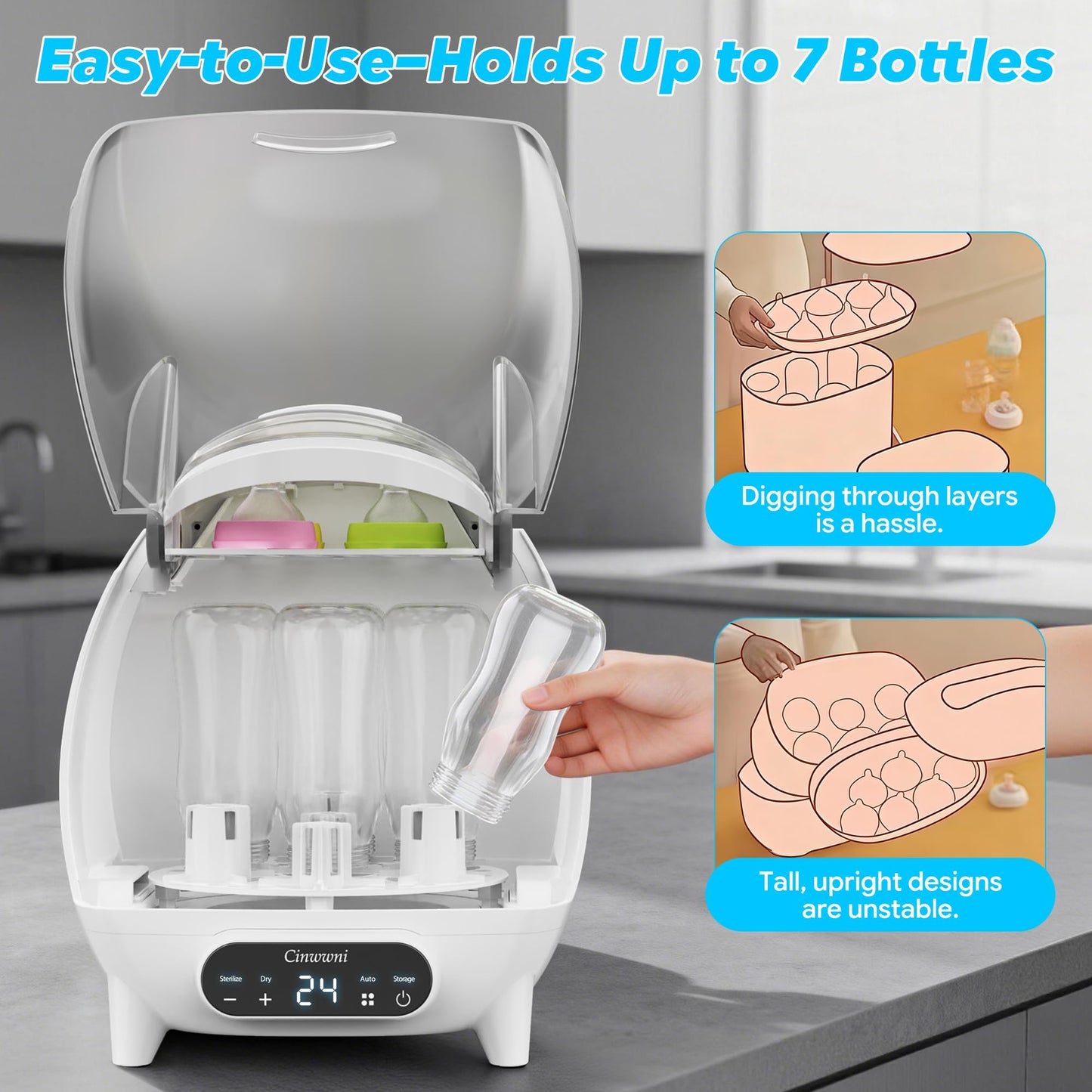 CINWWNI Esterilizador y secado de biberones, capacidad para 7 botellas/tetinas/accesorios, diseño de ahorro de espacio, filtro de aire