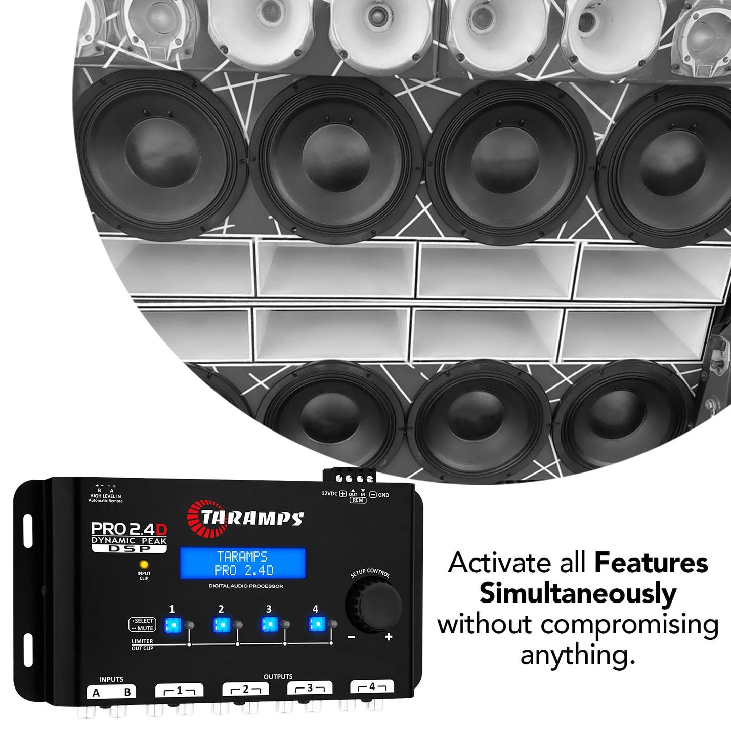 Taramps Pro 2.4D Dynamic Peak DSP Crossover Procesador y ecualizador de audio de coche de señal digital completa, entrada RCA y de alto nivel, salida de 4 canales, entrada de 5 bandas, Eq 12