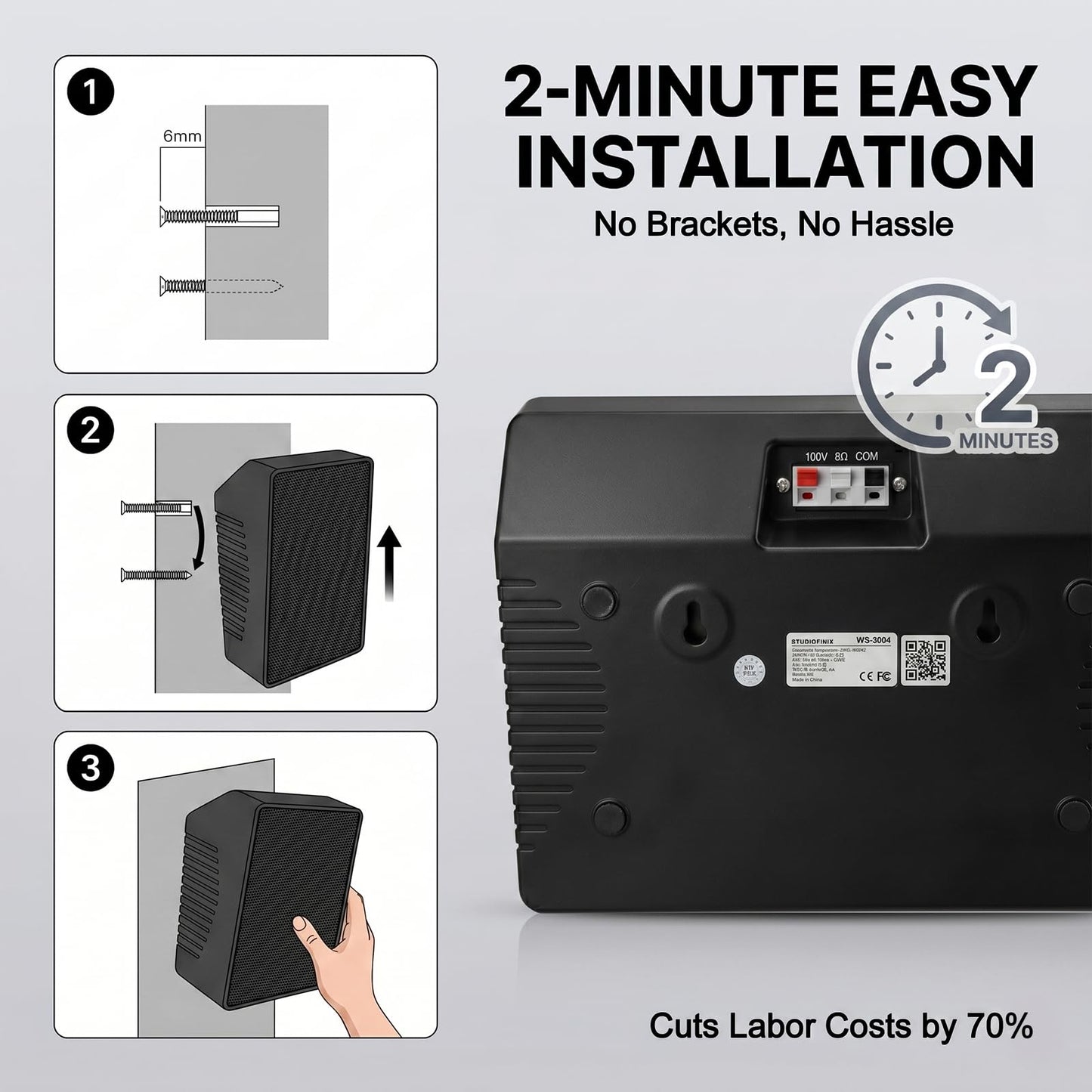 STUDIOFINIX - Altavoces PA montados en la pared de 4 pulgadas, potencia máxima de 240 W, 8 ohmios y 70 V/100 V, modo dual, para cine en casa, comercial, oficina, sistema PA (negro, 1 par)