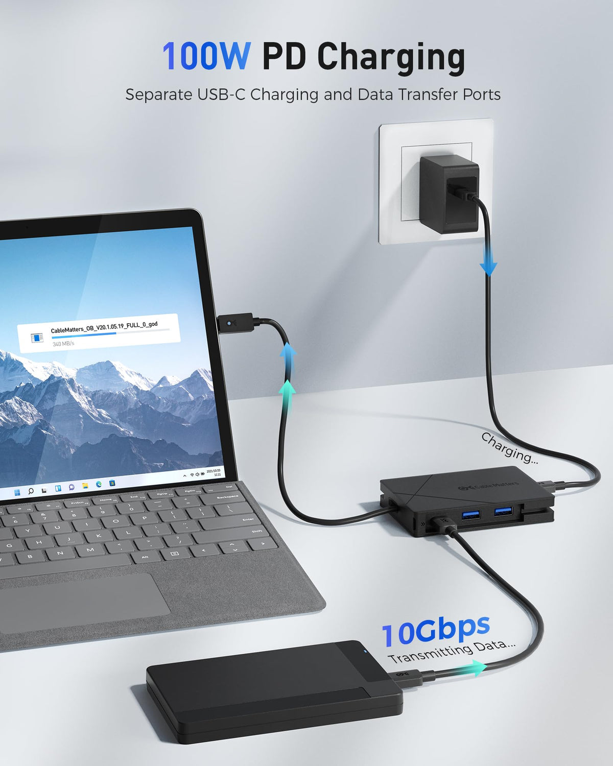 Hub USB 4 Portátil Cable Matters Azul 7 en 1 de 40 Gbps con Pantallas Dual 4K para Microsoft Surface