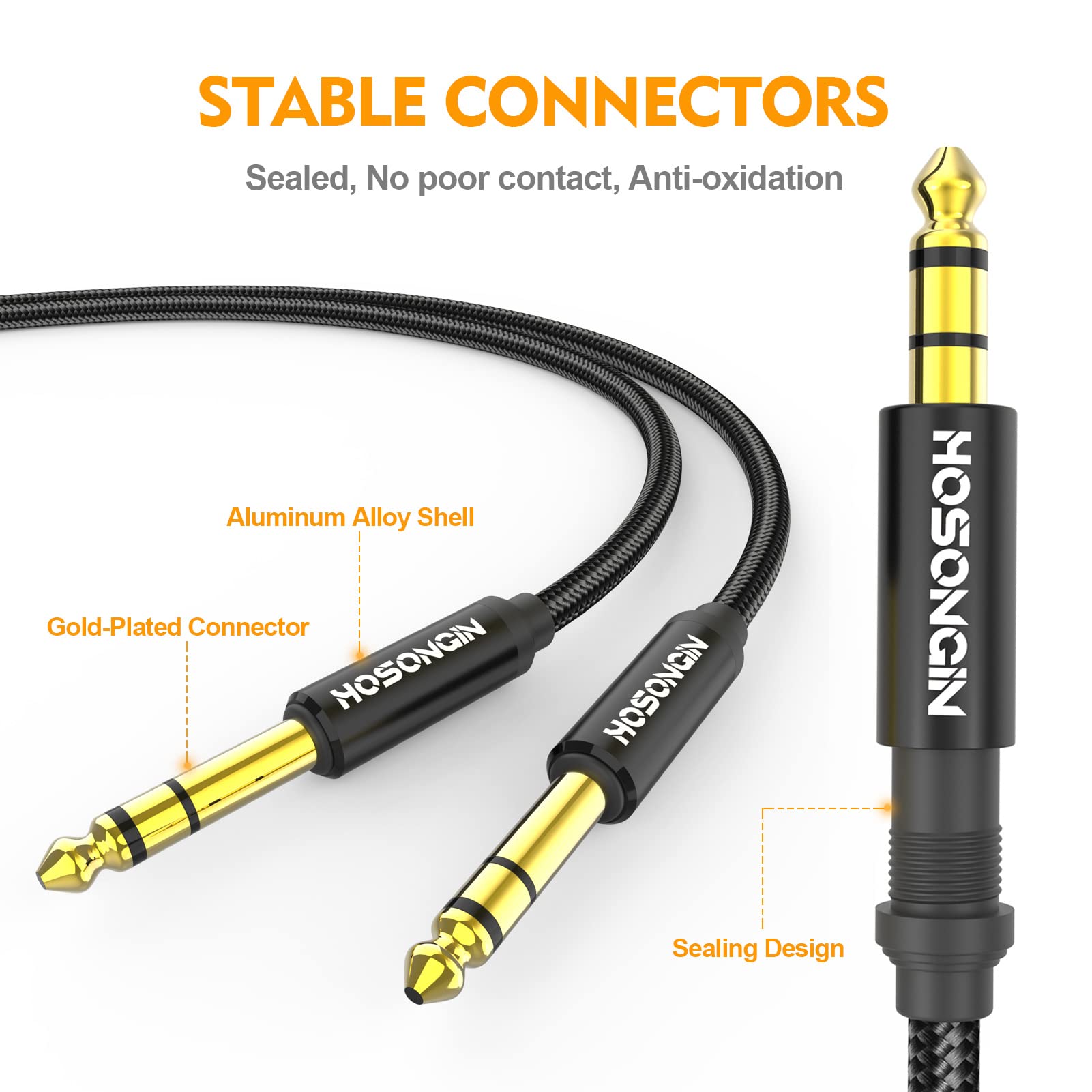 HOSONGIN TRS - Cable de instrumento de 1/4 pulgadas, paquete de 2 [nailon trenzado blindado], 1/4 pulgadas a 1/4 pulgadas TRS macho a macho, cable de audio estéreo, cuarto de pulgada, línea de